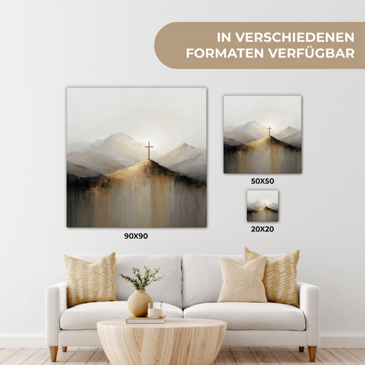 LEINWANDBILD Hügel - Abstrakt - Kreuz - Christentum Deko Wohnzimmer 20x20 cm - Beige, Textil (20/20cm) - MuchoWow