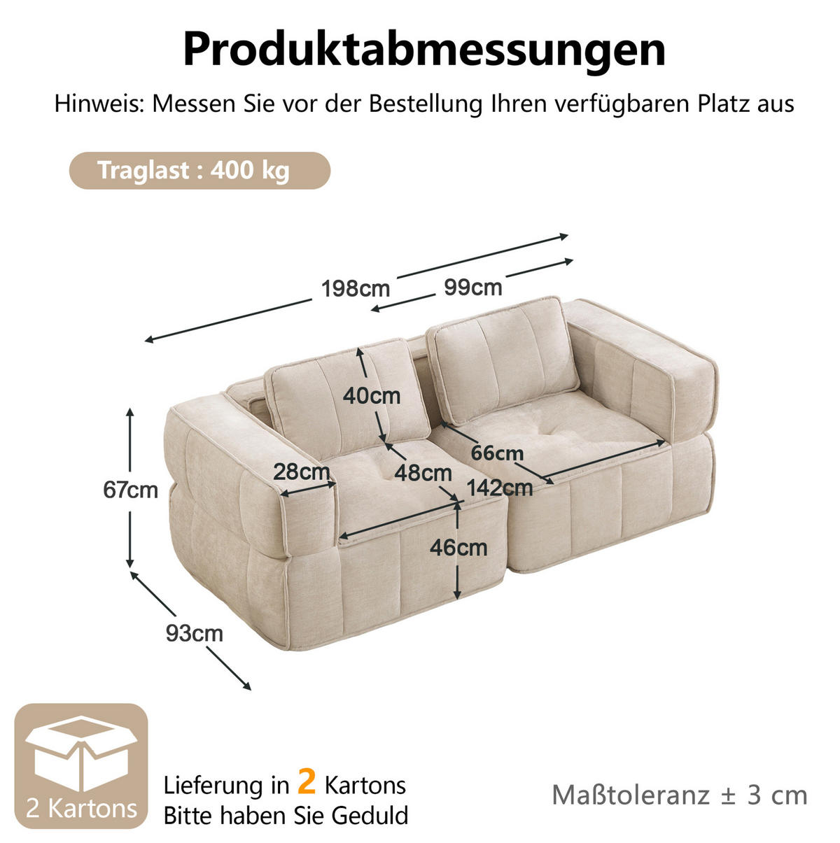 SOFA 198/93/67 cm in Beige aus Polyester mit modularer Sitzfläche - Beige, Kunststoff (93/67/198cm) - Flora Grace
