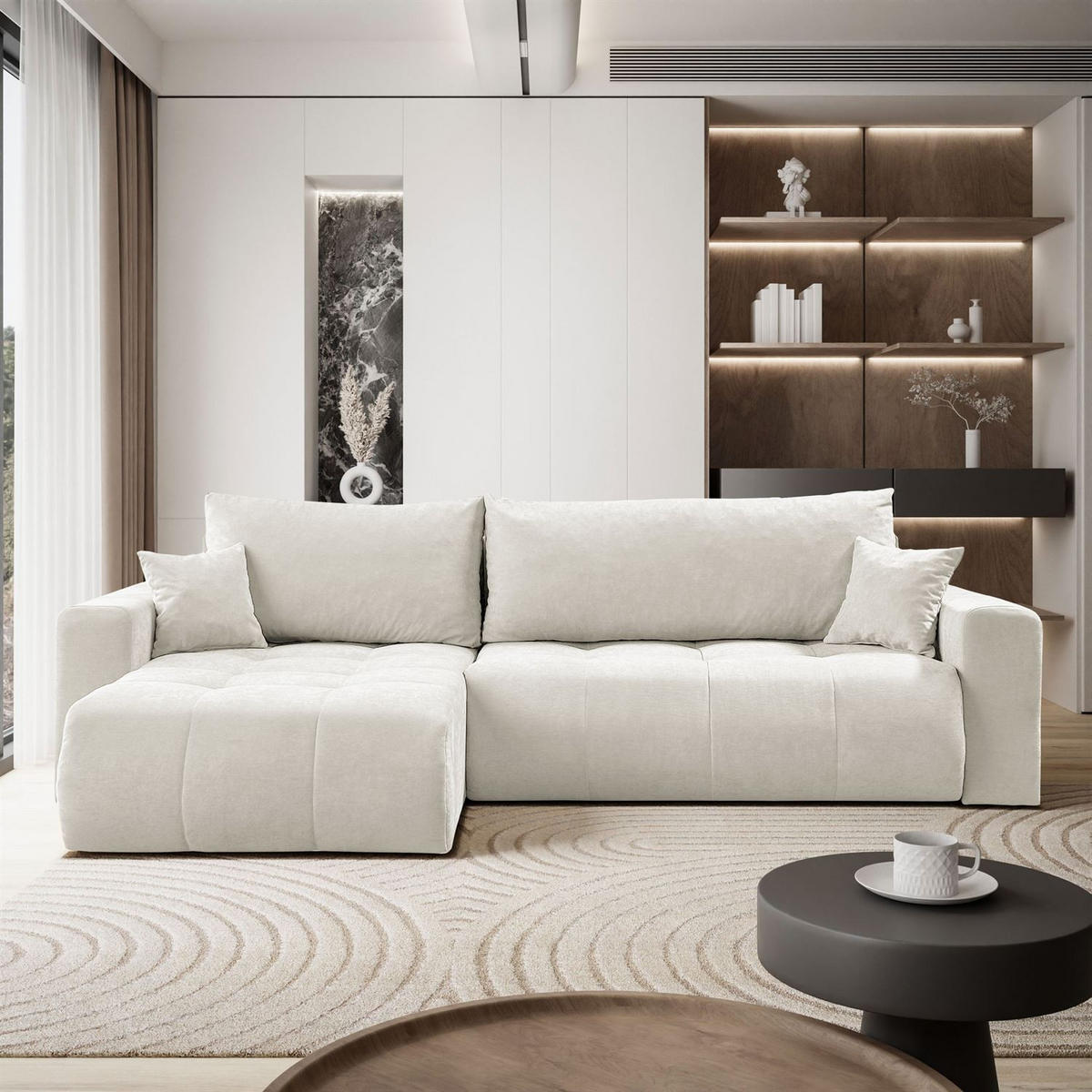 ECKSOFA Gepolstertes CLOUD mit Schlaffunktion und Bettkasten, Wind 02 - Beige, Textil (277/143cm) - Lookway