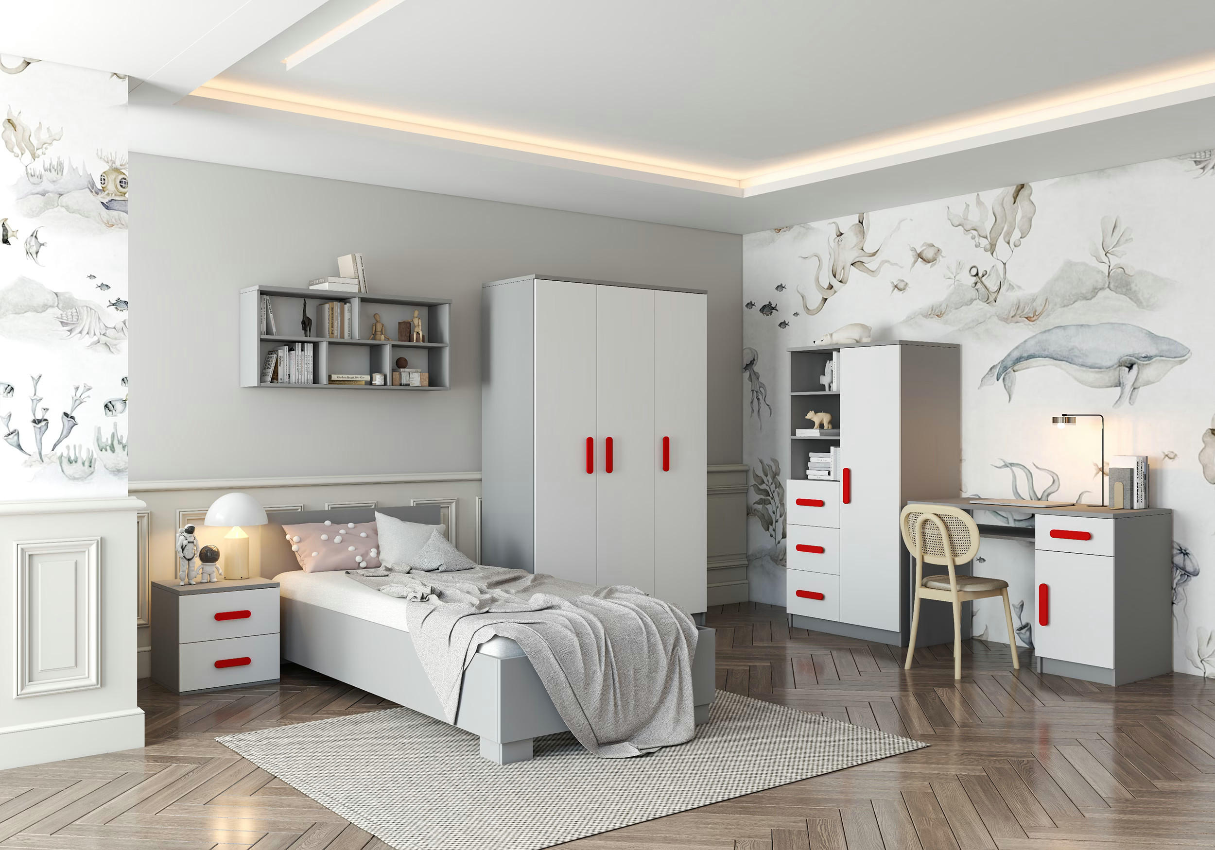 JUGENDZIMMER Elora in Grau und Weiß – 6-teiliges Set – Grifffarbe Rot - Grau, Holzwerkstoff (80/200/120cm)