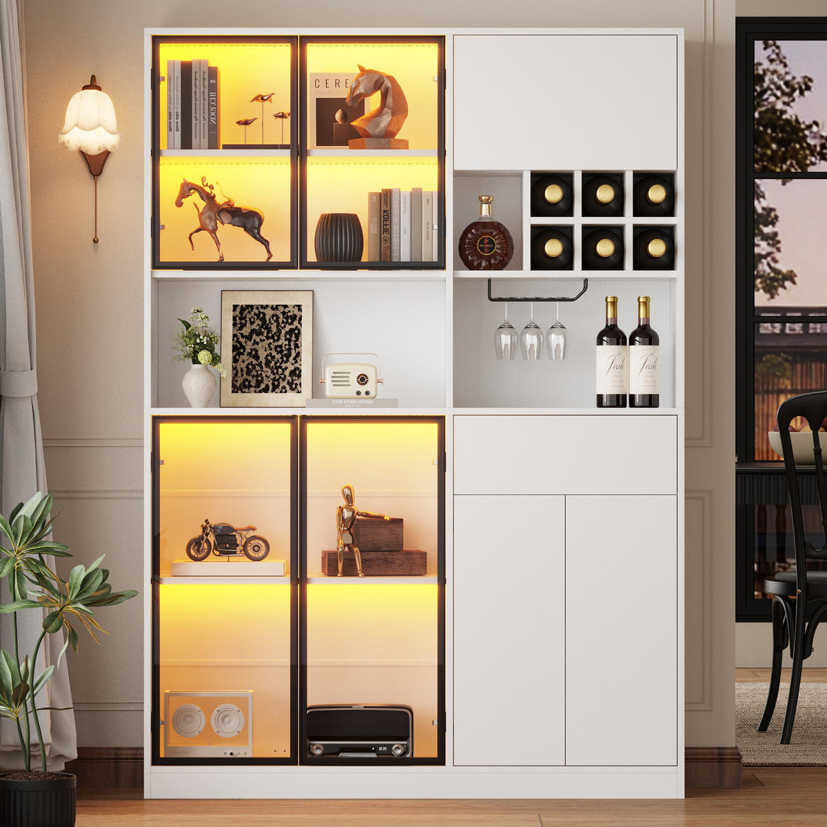 VITRINE 140x30x200 cm Weiß LED 7 Türen Weinregal - Weiß, Holzwerkstoff (140/200/30cm) - FLIEKS
