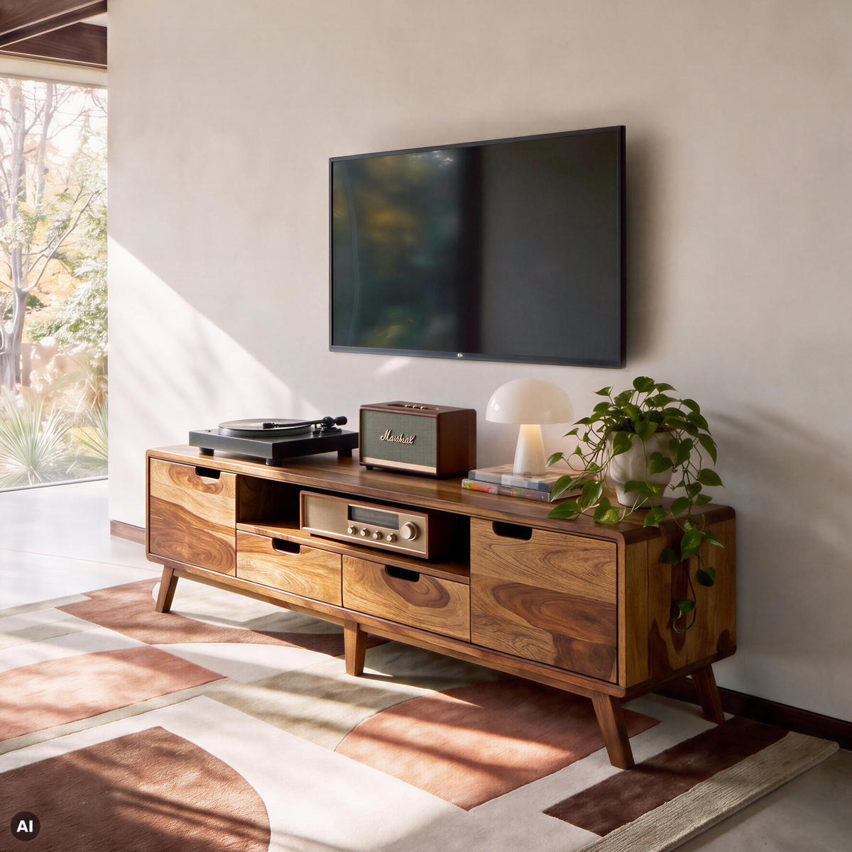 TV-BOARD Sheesham 180x40x48 natur sandgestrahlt lackiert MALMÖ 2 #221 - Naturfarben, Holz (180/48/40cm) - Massivmoebel24