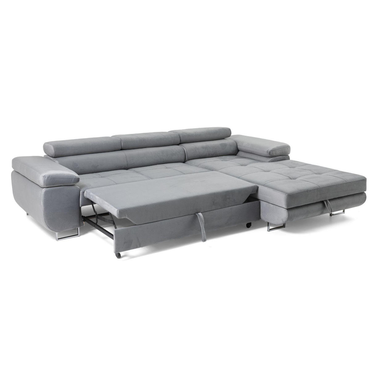 ECKSOFA ALONZO L Rechts mit Schlaffunktion 125x195 Velours Hellgrau - Silberfarben/Hellgrau, Holz/Textil (203/275cm) - Muffo