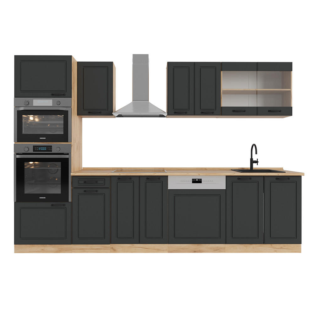 KÜCHENZEILE R-Line Anthrazit Landhaus/Goldkraft Eiche 300 cm mit Hochschrank, ohne Arbeitsplatte - Honigeiche/Anthrazit, Holzwerkstoff (300/81.6/46cm) - Vicco