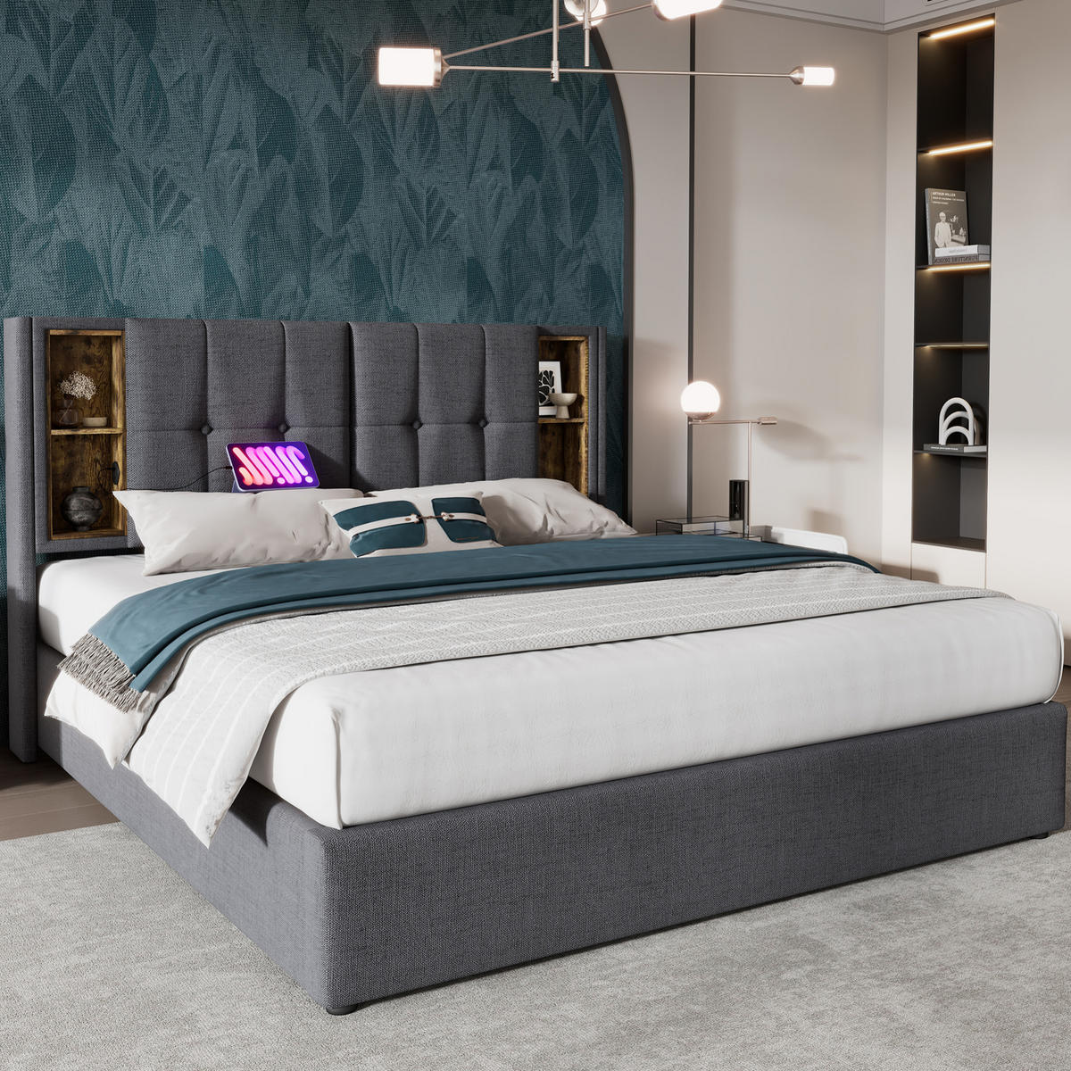 POLSTERBETT 140/200 cm Grau mit Stauraum, kabellosem Laden und USB-Anschlüssen - Grau, Textil (140/200cm) - Flora Grace