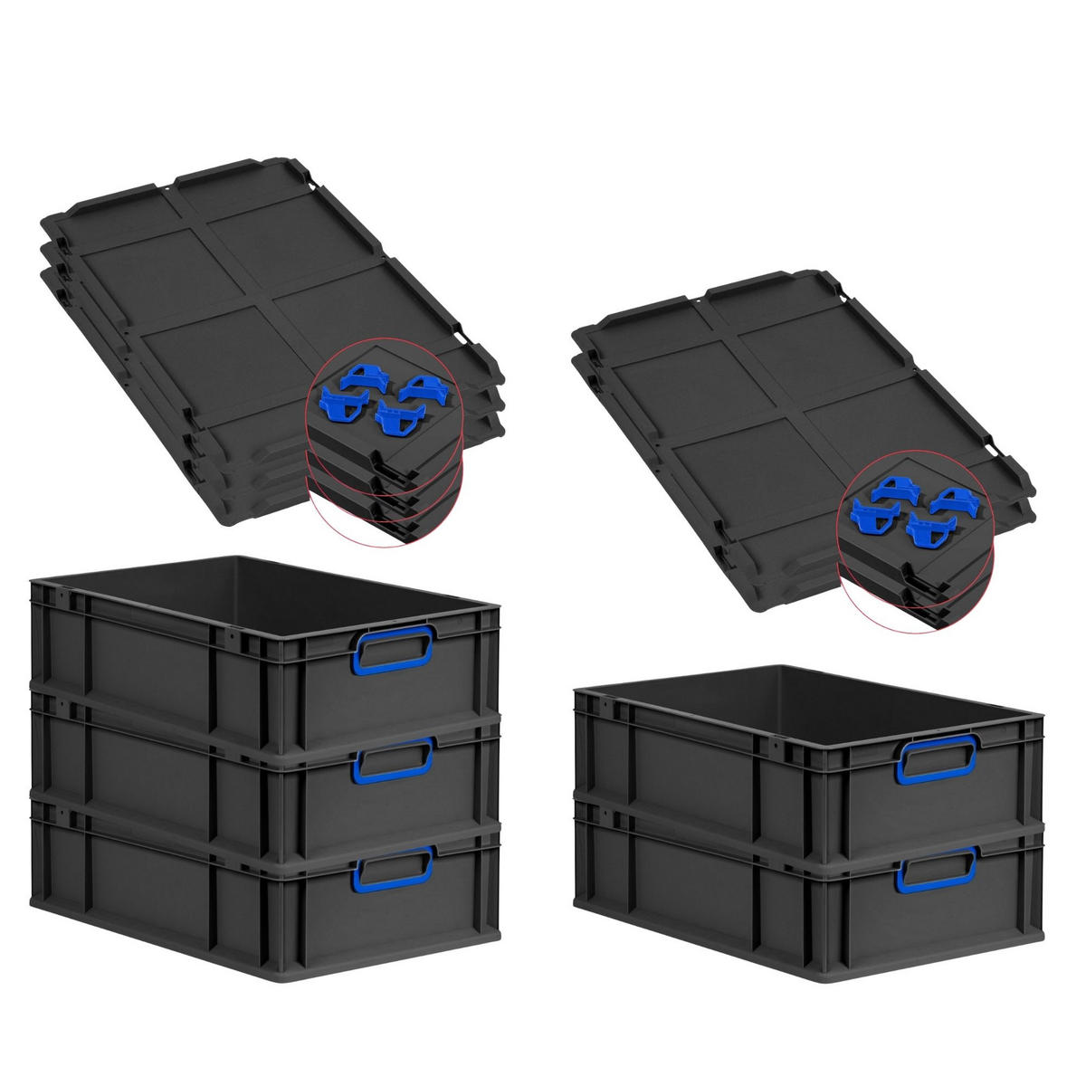 EUROBOX 5x NextGen Color mit Auflagedeckel 17x40x60 cm 34 Liter Schwarz Griffe blau zu - Blau/Schwarz, Kunststoff (40/17/60cm) - PROREGAL