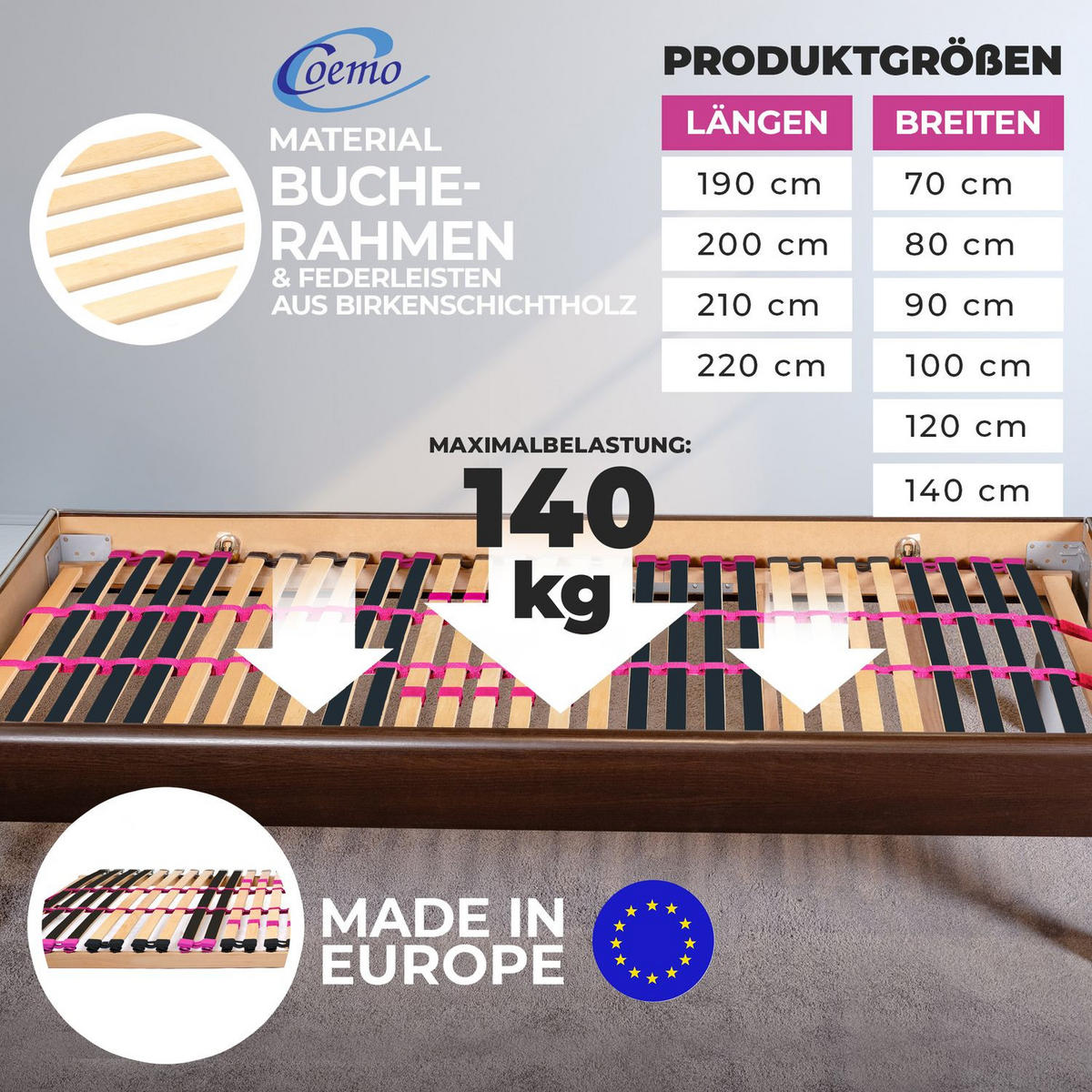 LATTENROST PINK DREAM 80 x 200 cm starr, Selbstmontage - Naturfarben, Holz (80/200cm) - Coemo