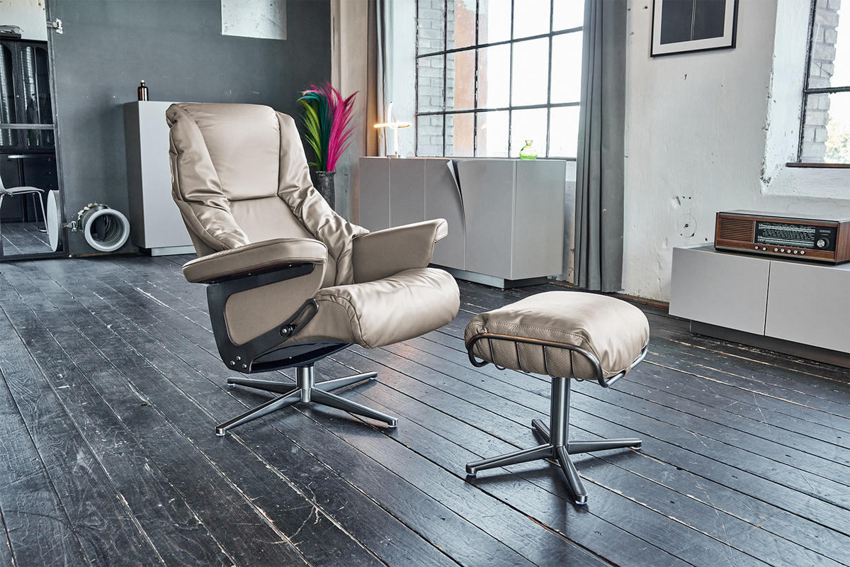 RELAXSESSEL MIT HOCKER MODO Hellgrau Leder - Silberfarben/Hellgrau, Leder/Metall (81/98/90cm) - KAWOLA