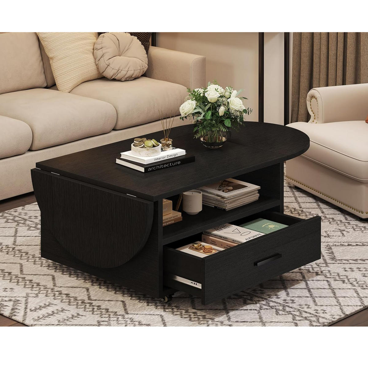 COUCHTISCH Wohnzimmertisch mit Stauraum 120 x 60 x 45 cm Klappplatte - Schwarz, Holzwerkstoff/Metall (120/120/45cm) - Quality Elegance