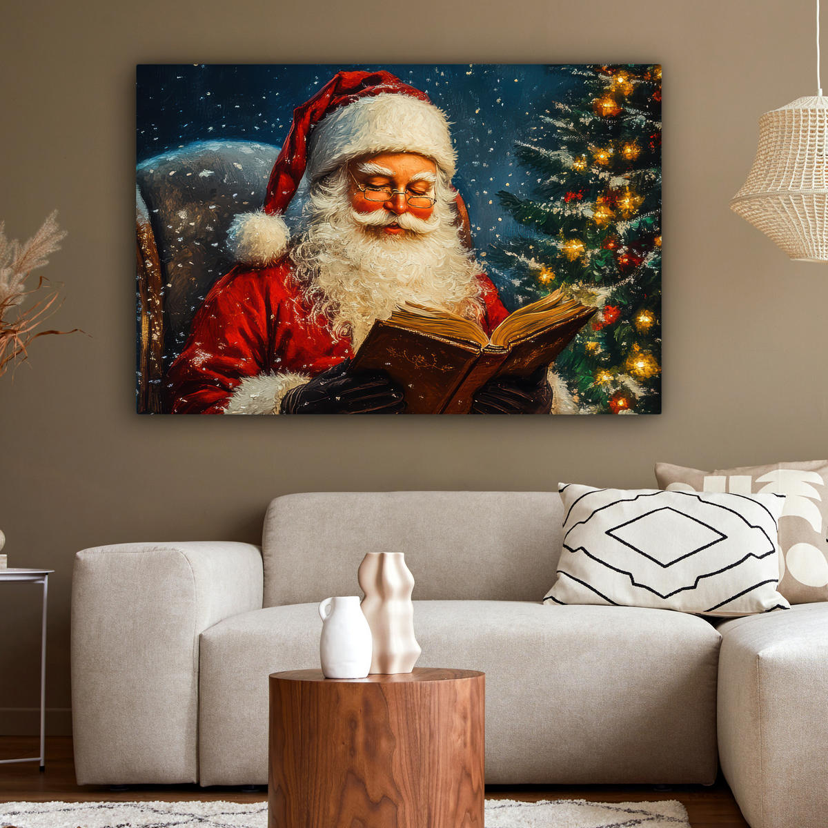 LEINWANDBILD Weihnachtsmann - Weihnachten - Winter - Weihnachtsbaum XXL 150x100 cm - Bordeaux, Textil (150/100cm) - MuchoWow