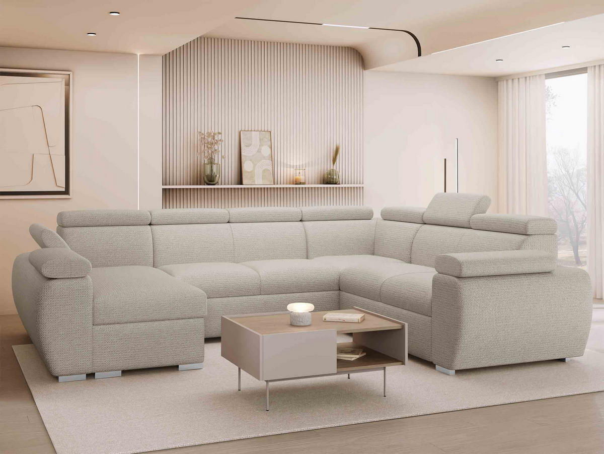 WOHNLANDSCHAFT Boston U, Seite: Links - LC+2P+R+2R - Chromfarben/Creme, Holz/Textil (325/98/260cm) - MIRJAN24