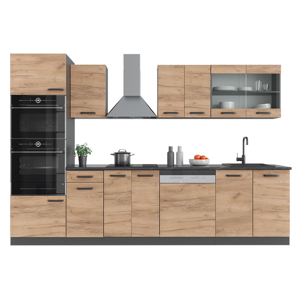 KÜCHENZEILE R-Line Goldkraft Eiche/Anthrazit 300 cm mit Hochschrank AP Eiche - Honigeiche/Anthrazit, Holzwerkstoff (300/81.6/60cm) - Vicco