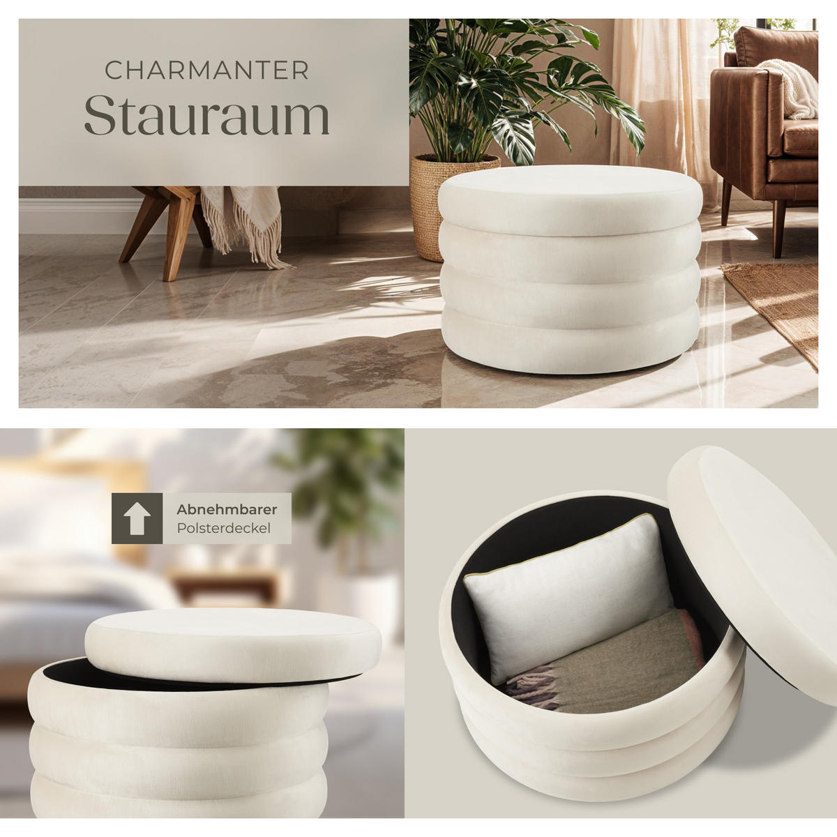 SITZHOCKER mit Stauraum Altu Xl,67 x 42 cm,Samtoptik creme-weiß - Weiß/Samtahornfarben, Holz (67/42/67cm) - tectake