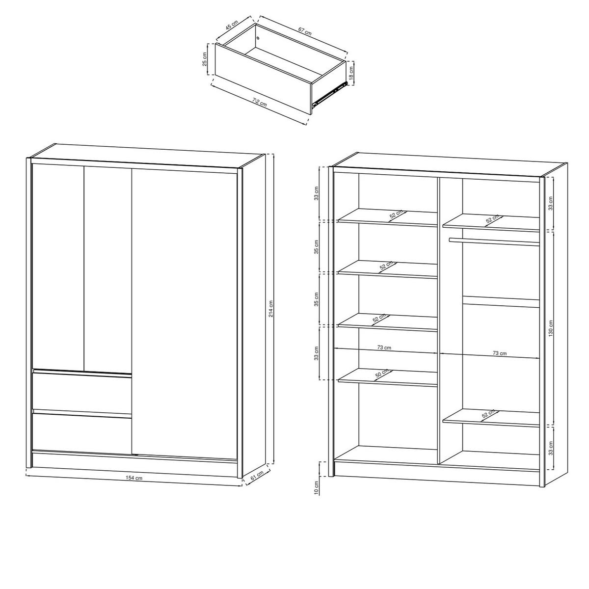 SCHWEBETÜRENSCHRANK SABRINA 154/214/62 cm 3-türig mit Spiegel Weiß - Eiche Artisan/Weiß, Holzwerkstoff (154/214/62cm) - MASSENO