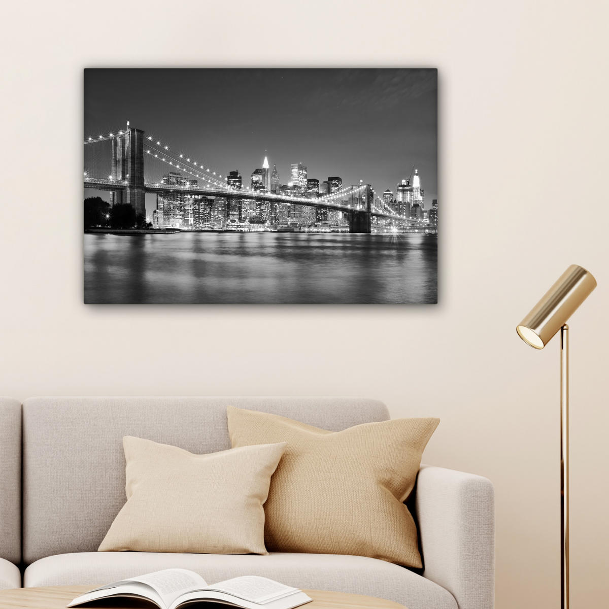 LEINWANDBILD - New York - Brücke - Brooklyn - Schwarz und weiß - Architektur - 90x60 - Deko Wohnzimmer - Schwarz, Textil (90/60cm) - MuchoWow