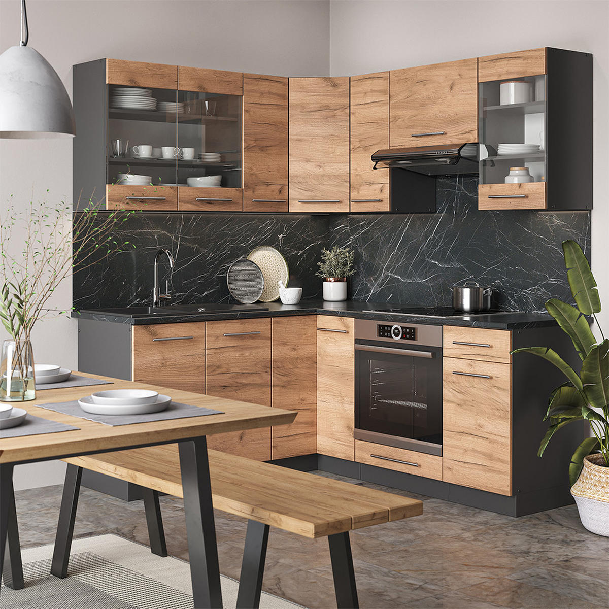 ECKKÜCHE Fame-Line Goldkraft Eiche/Anthrazit 160 x 190 cm, AP Marmor - Anthrazit/Eiche Wotan, Holzwerkstoff (190/81.6/60cm) - Vicco