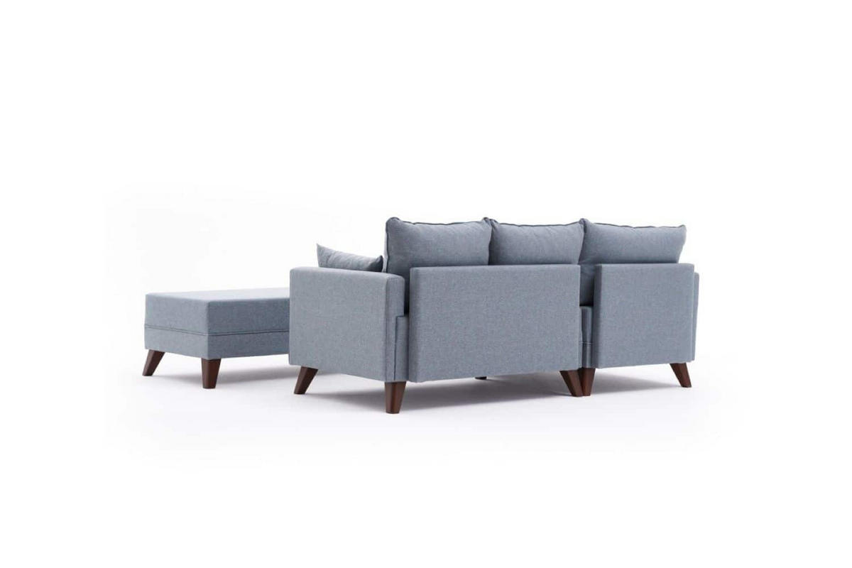 ECKSOFA mit Hocker als Schlaffläche, perfekt für kleine Räume - Blau/Walnussfarben, Holz/Kunststoff (205/140cm) - myHomelando