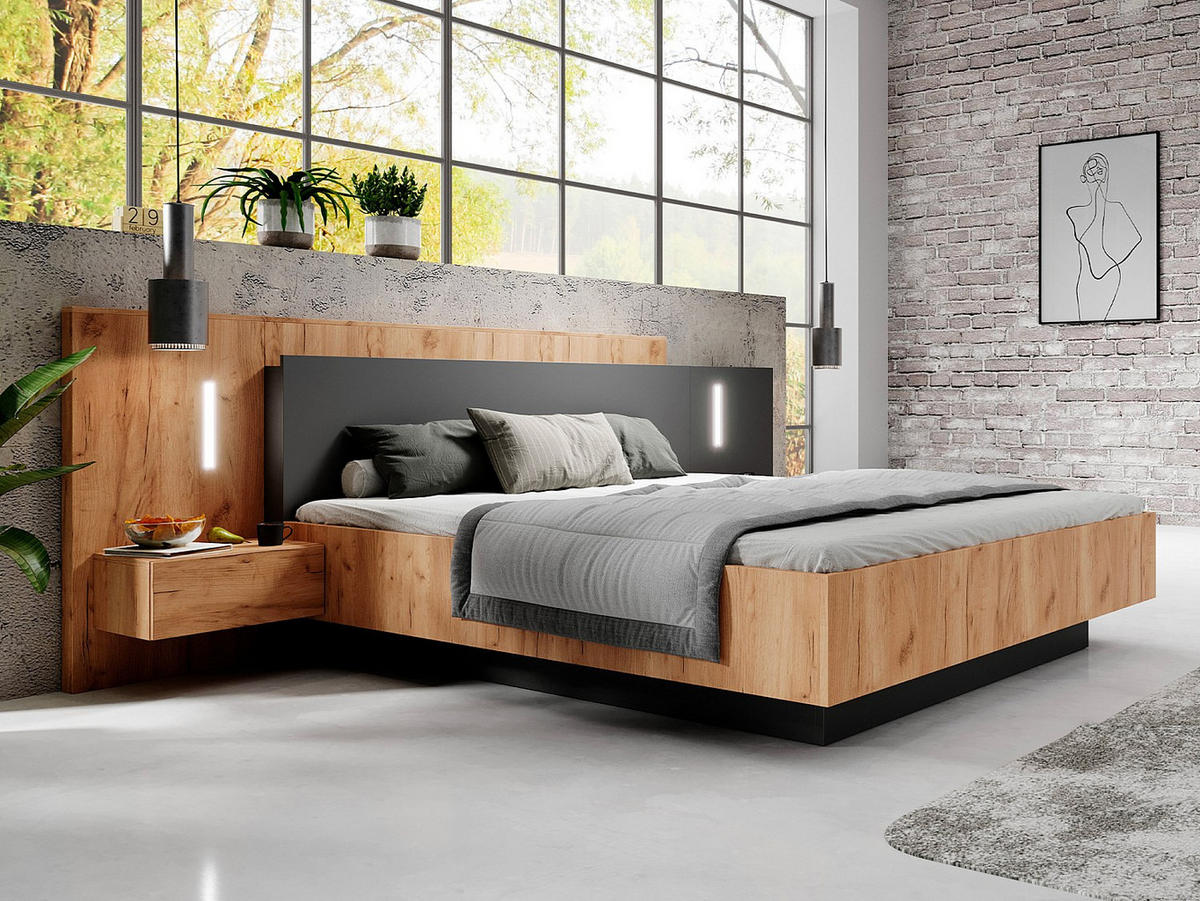 BETT mit Bettkasten - 2 Personen - Holz, Platte - Anthrazitgrau, Naturfarben Hell - - Anthrazit/Naturfarben, Holz (160/200cm) - Vente-Unique