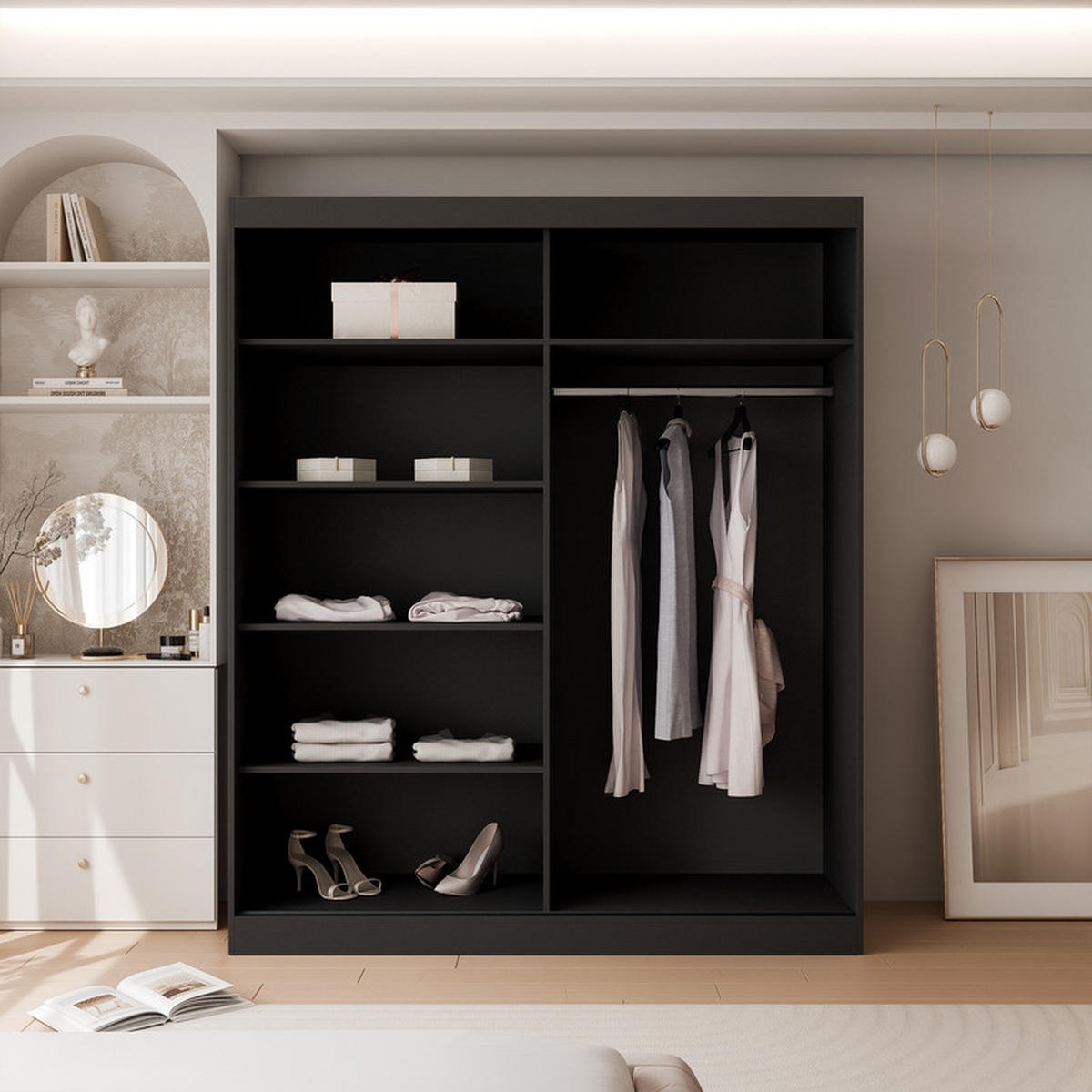 SCHWEBETÜRENSCHRANK CLARITY 2-türig 200/65/215 cm Schwarz / schwarze Griffe - Schwarz, Holzwerkstoff/Kunststoff (200/215/65cm) - Idohome