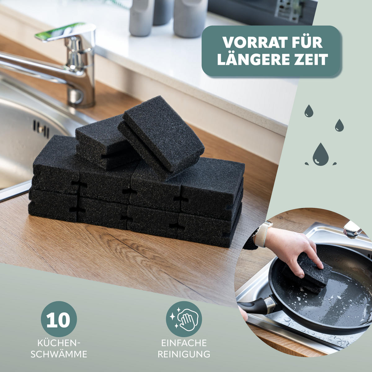 SPÜLSCHWAMMSET 10tlg., weiche und Scheuerseite - Dunkelgrau, Kunststoff (10/4/7cm) - eluno