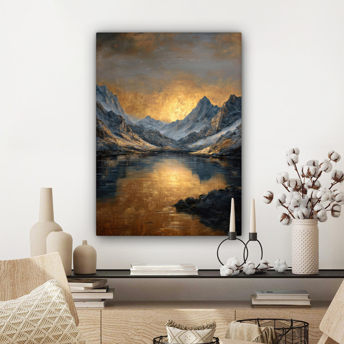 LEINWANDBILD Bergkulisse mit goldenem Sonnenuntergang Wandbild Wohnzimmer 60x80 cm - Goldfarben, Textil (60/80cm) - MuchoWow