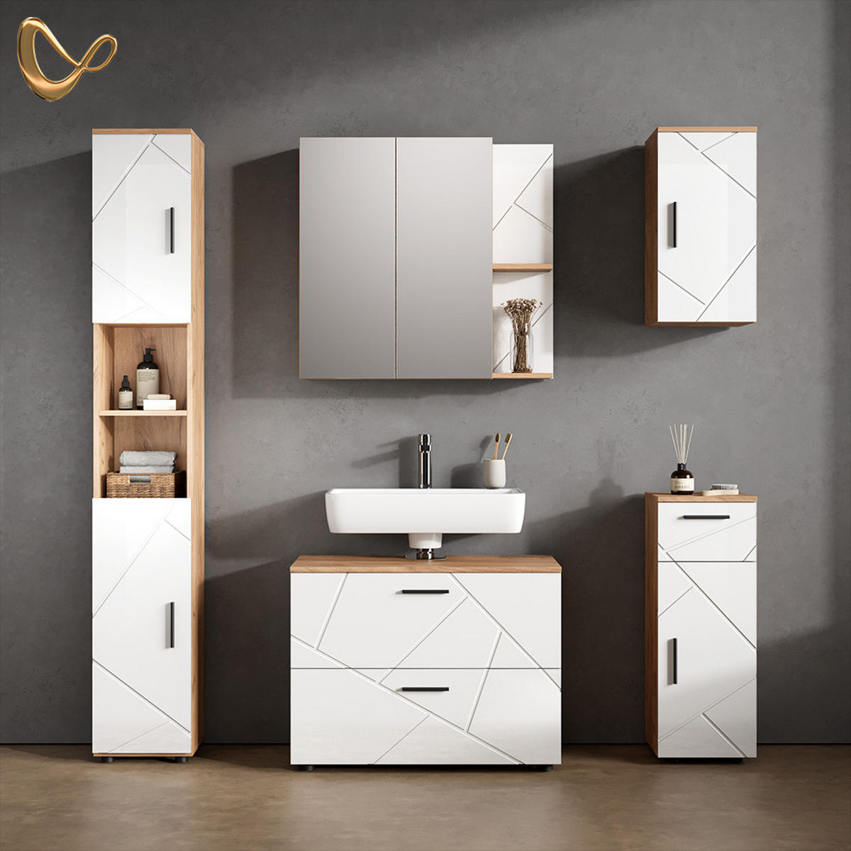 SPIEGELSCHRANK Ronco Weiß Hochglanz 80 x 75 cm - Weiß Hochglanz/Eiche Wotan, Holzwerkstoff (80/75/17.2cm) - Livinity®