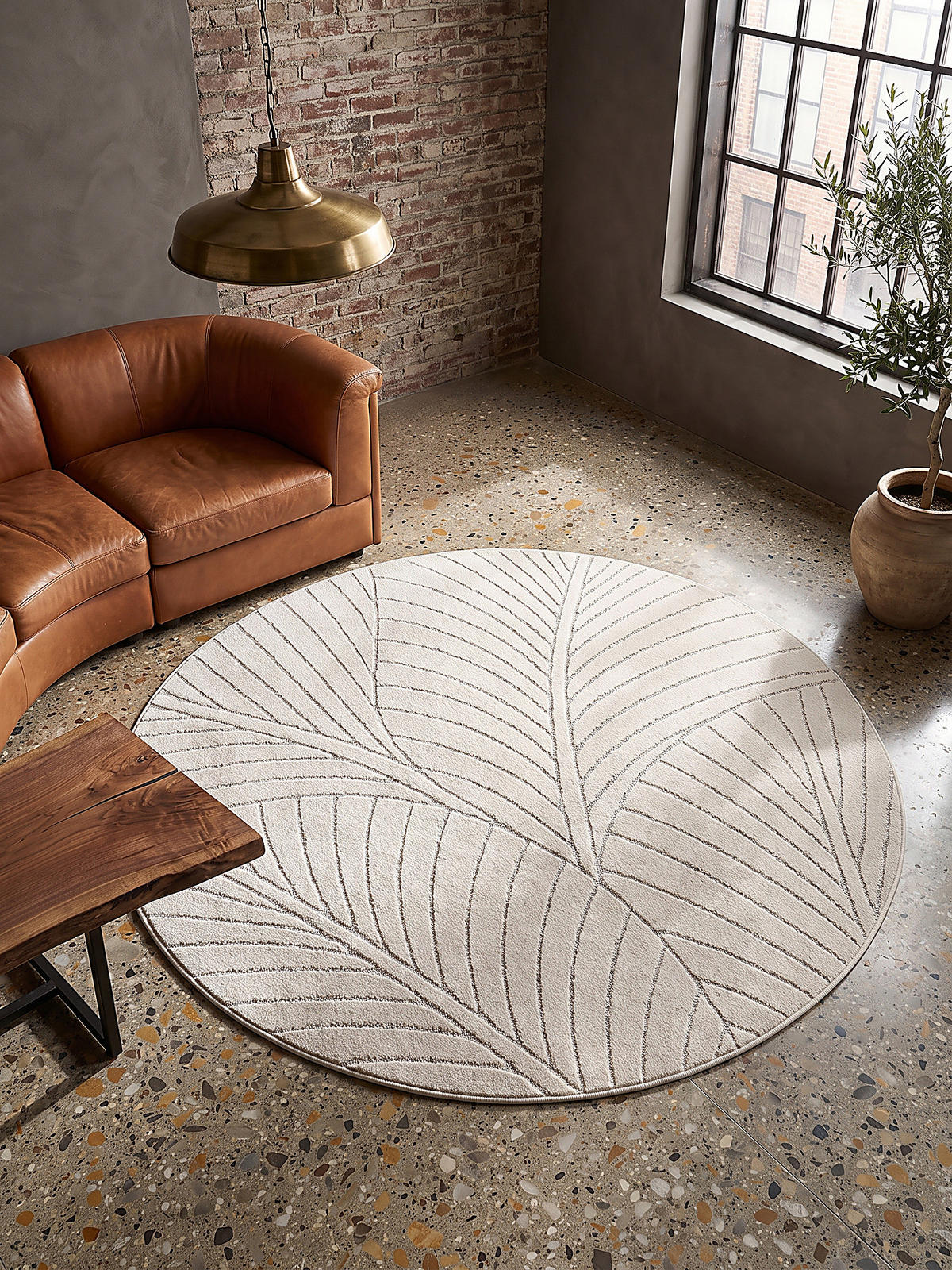 TEPPICH Outdoor, Fußbodenheizung-geeignet, mit Blattmotiv, ENGADIN in Creme, Ø 200 cm - Creme, Textil (200/200cm) - KADIMA DESIGN