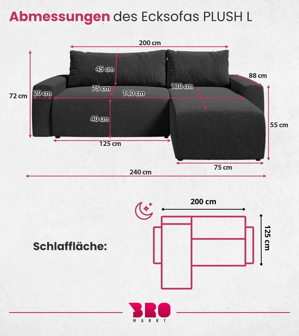 ECKSOFA PLUSH mit Schlaffunktion Anthrazit Boucle - Anthrazit, Textil (240/145cm) - Bromarkt