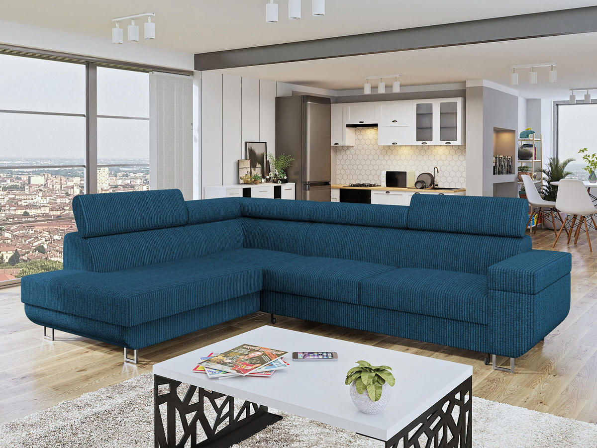 ECKSOFA Fonti Cord, Seite: Links - Blau, Holz/Textil (253/188cm) - MIRJAN24