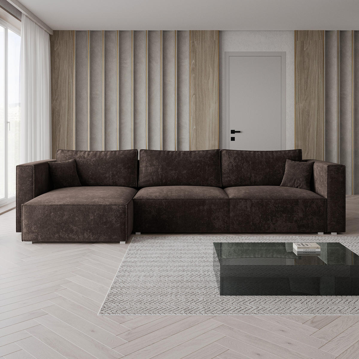 ROHOVÁ Sedačka TOLMO LUMO 40, Hnědá - šedá/hnědá, dřevo/textil (347/148cm) - MASSENO