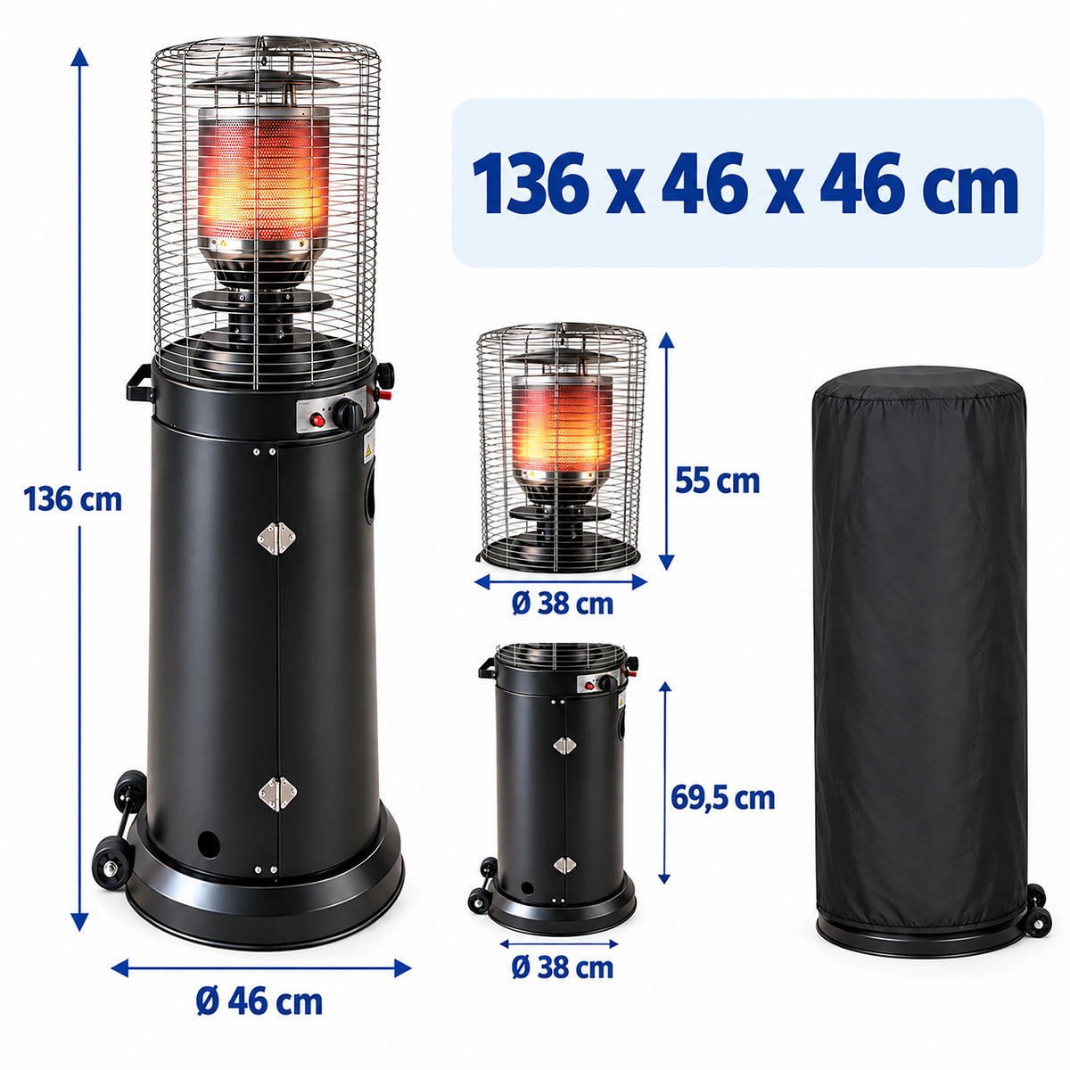 GASVÄRMARE Svart stål 11 kW höjd 136 cm - Svart, Metall (46/136/46cm) - Relaxdays