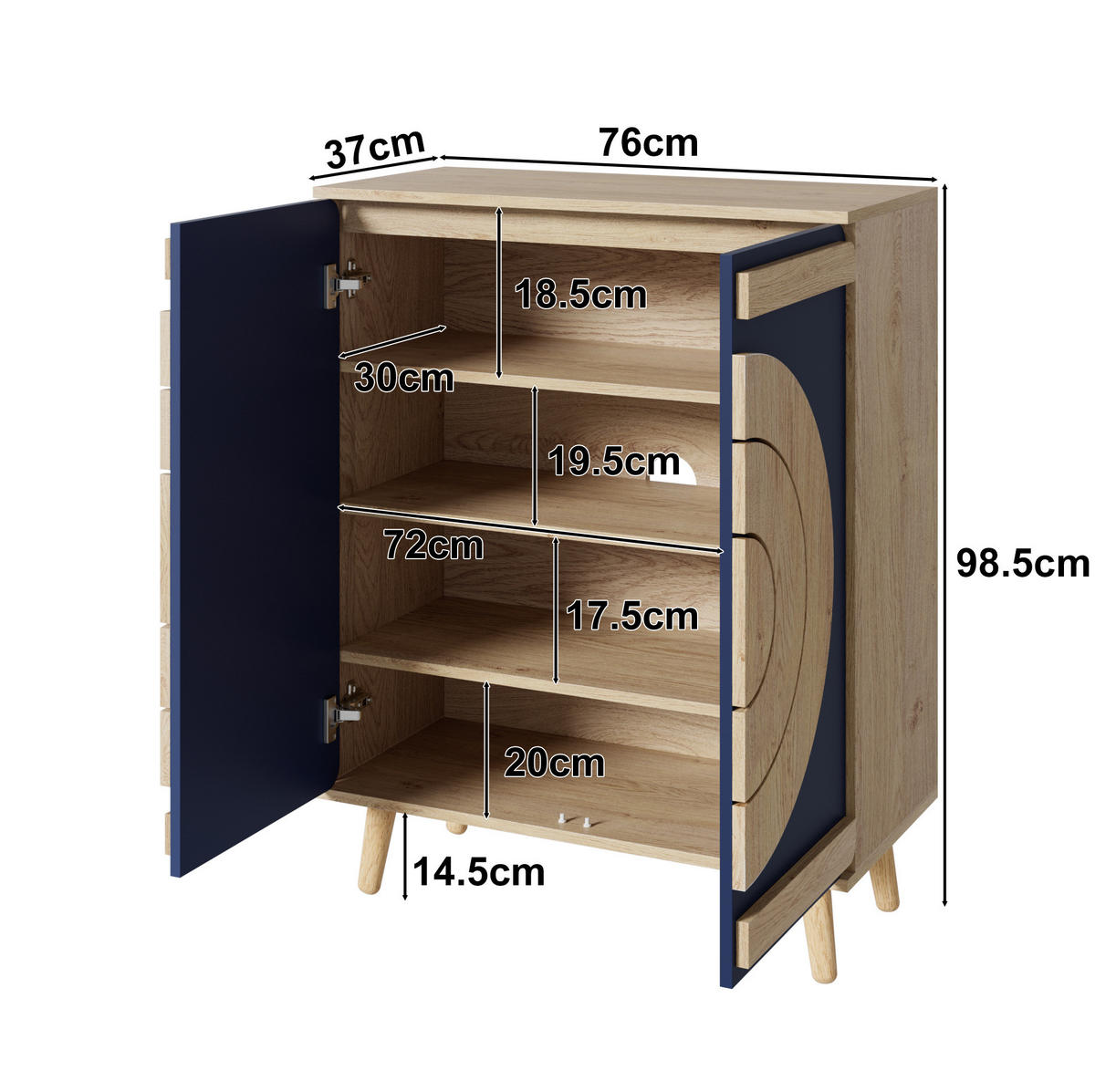 SCHUHSCHRANK 76/37/98,5 cm blau/natur aus Spanplatte mit Massivholzbeinen - Naturfarben, Holzwerkstoff (76/98.5/37cm) - OKWISH