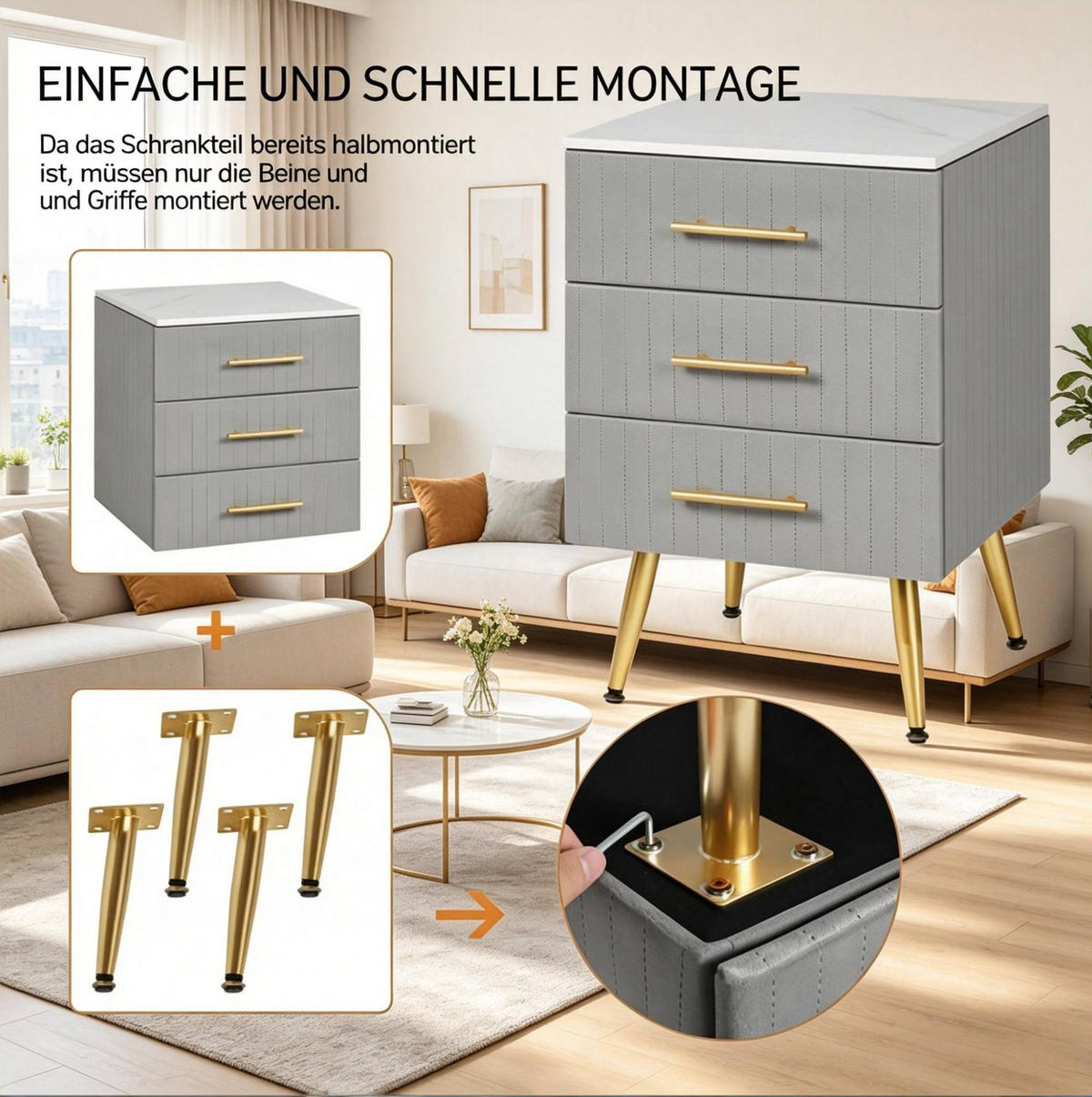 NACHTTISCH aus MDF mit Samt 41x40,5x62 cm Grau mit 3 Schubladen und goldfarbenen Metallbeinen - Grau, Holzwerkstoff (62/41/40.5cm) - Modfu