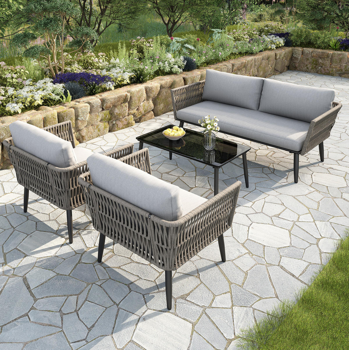 GARTENLOUNGE-SET 99/54/42 cm grau aus Polyester mit Glastisch und PE-Seilgeflecht - Grau, Textil - OKWISH