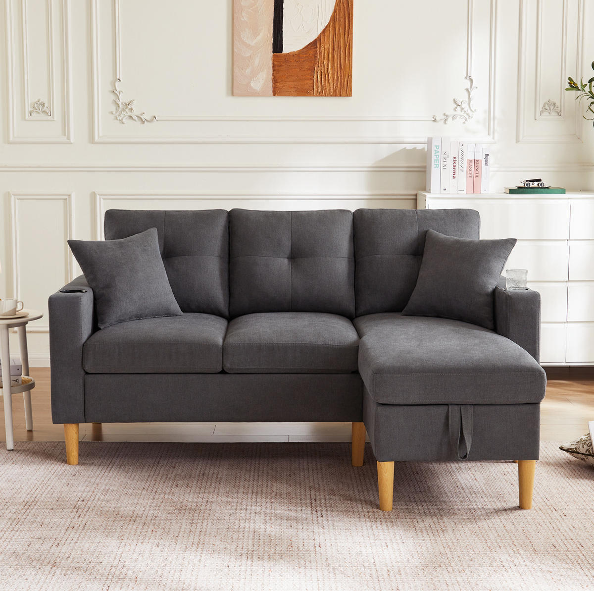 ECKSOFA 175/129/90 cm dunkelgrau aus Baumwoll-Leinen mit Stauraum - Dunkelgrau, Textil (175/129cm) - OKWISH