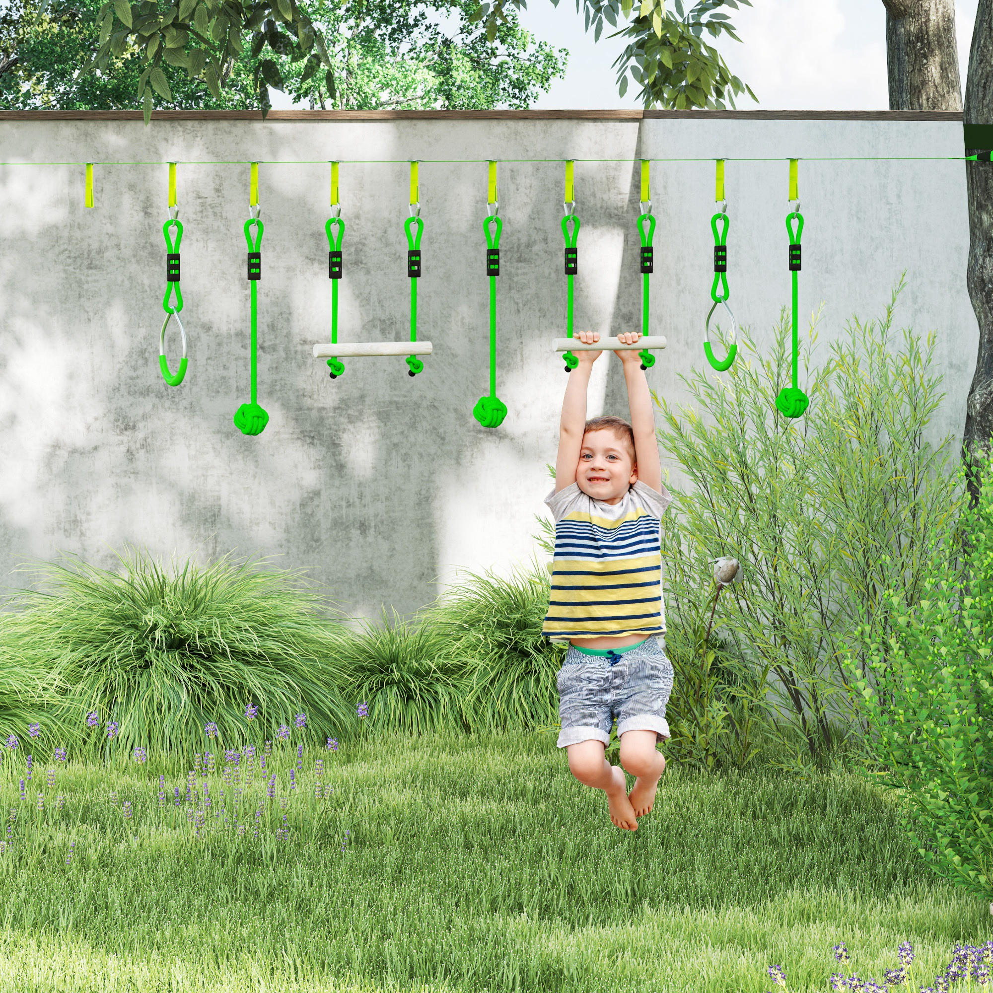 10 M Zipline Kit Kinder Slackline-Set mit 2 Turnringe, 2 Kletterstangen für 3-6 - Grün, Kunststoff (5/1000cm) - AIYAPLAY