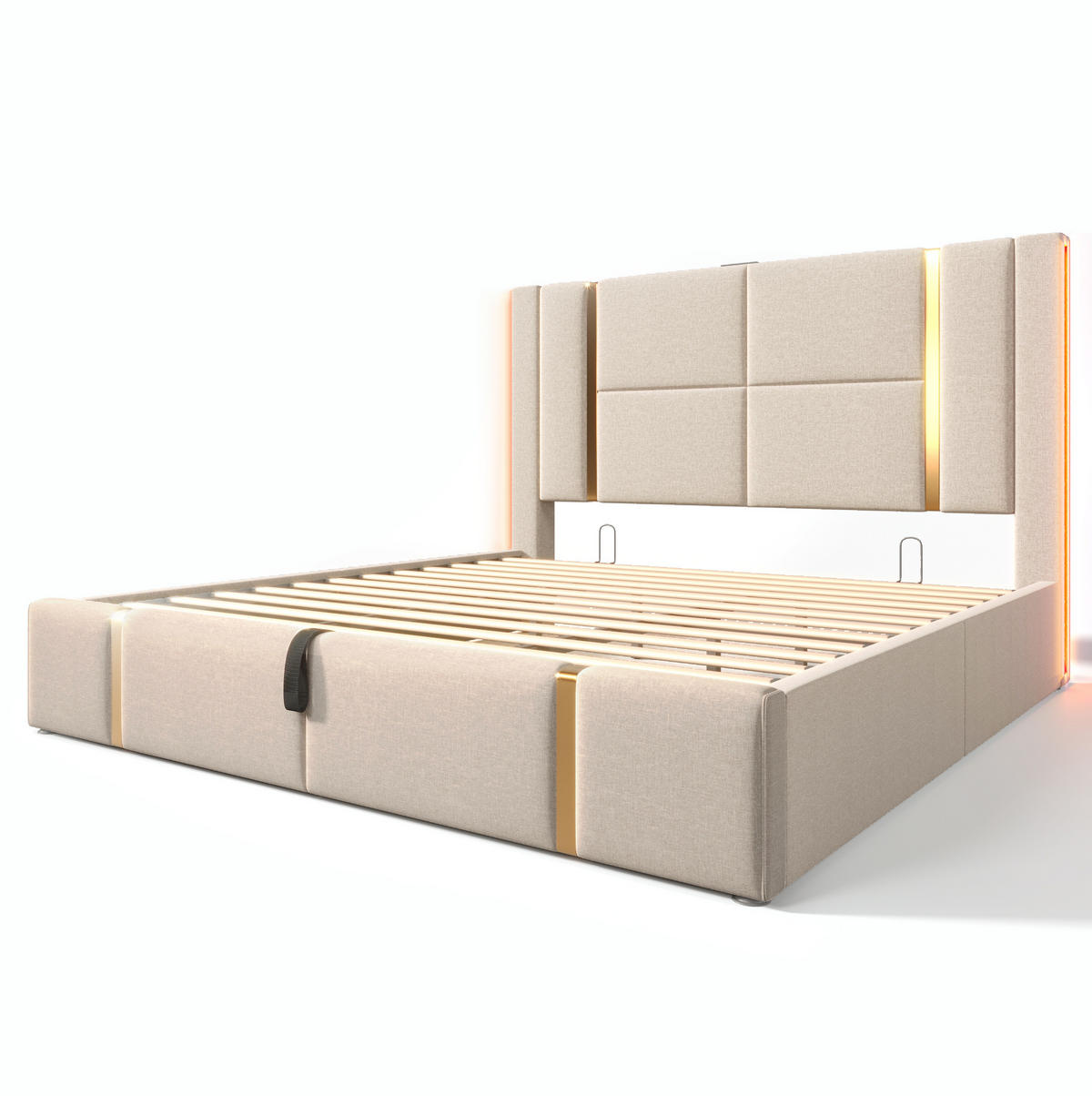 POLSTERBETT mit LED, USB und Stauraum 140x200 cm Leinen Beige mit Matratze - Beige, Metall (140/200cm) - Meubliv