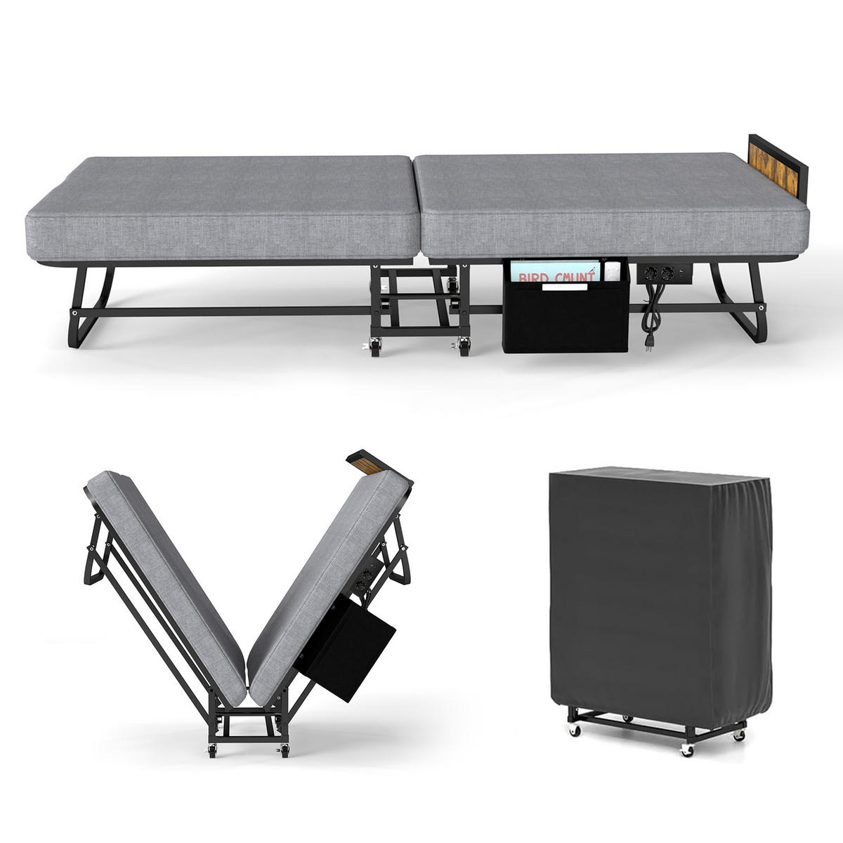 KLAPPBETT 80/190 cm mit Kopfteil und USB-Ladeanschluss, DE-41874, in Schwarz - Grau, Metall (80/190cm) - ComfortXL
