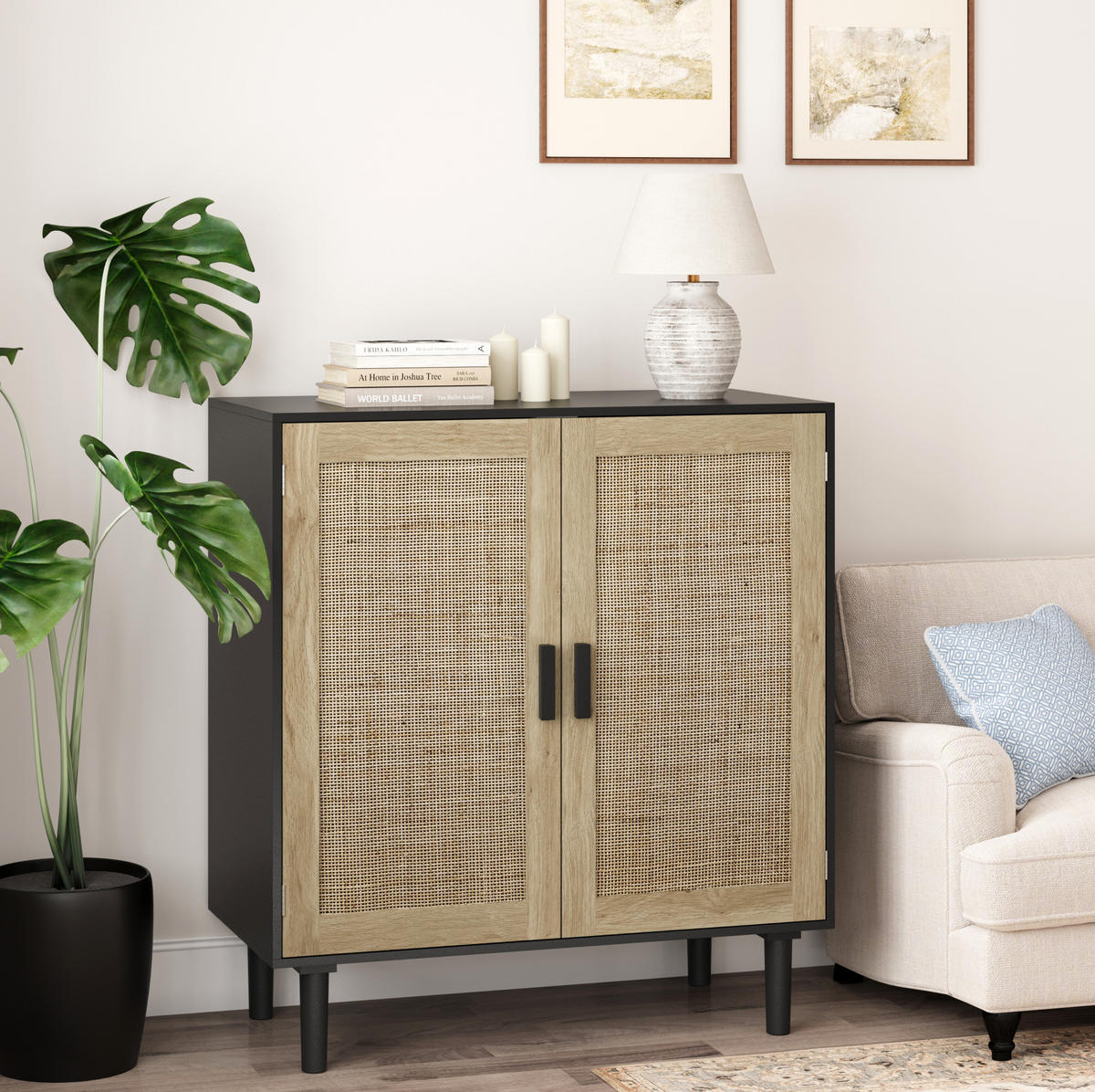 SIDEBOARD 80/40/88 cm schwarz aus MDF mit Rattanfront und offenen Fächern - Schwarz, Holzwerkstoff (80/88/40cm) - OKWISH
