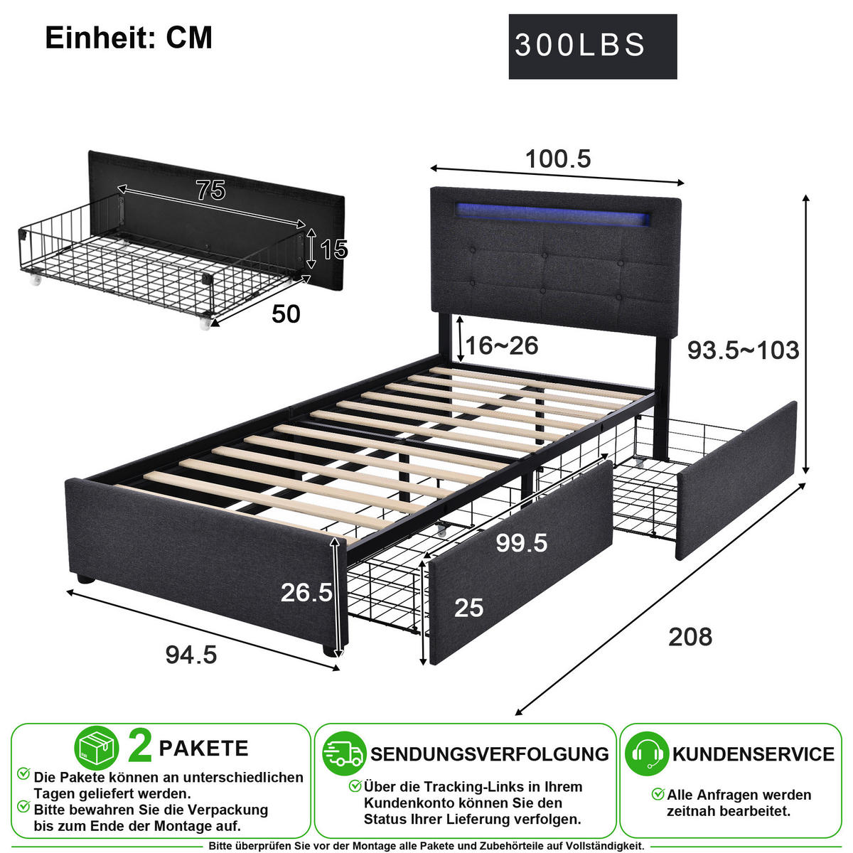 POLSTERBETT 90/200 cm in Grau Leinen mit 2 Schubladen, LED und Kopfteilverstellung - Grau, Holzwerkstoff/Textil (90/200cm) - CHICFURN