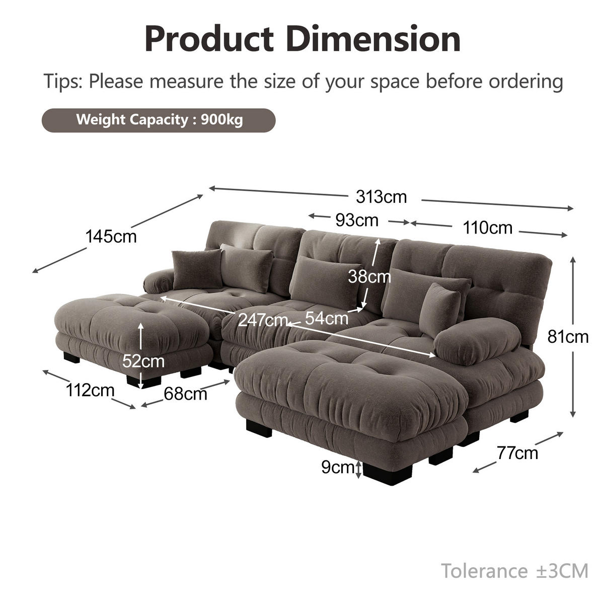 WOHNLANDSCHAFT Braun 313/145/81 cm 3-Sitzer Modular mit Hocker - Braun, Textil (313/81/145cm) - PANGIVO
