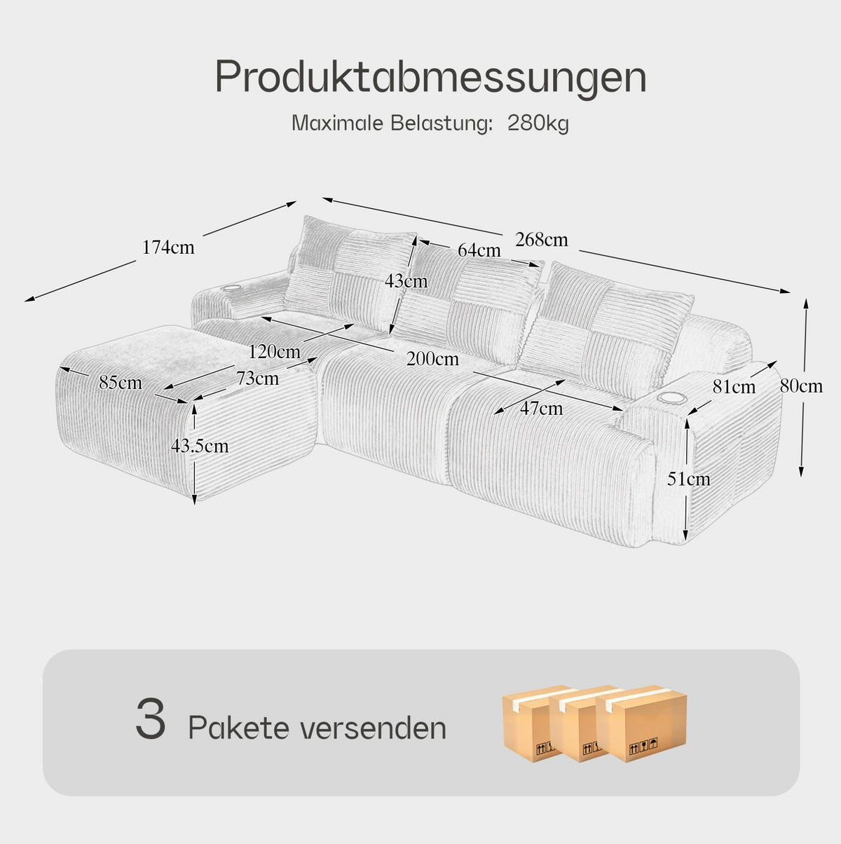 SOFA 268/174/80 cm in Dunkelgrau mit Cupholder und Tasche - Dunkelgrau, Textil (174/80/268cm) - Flora Grace