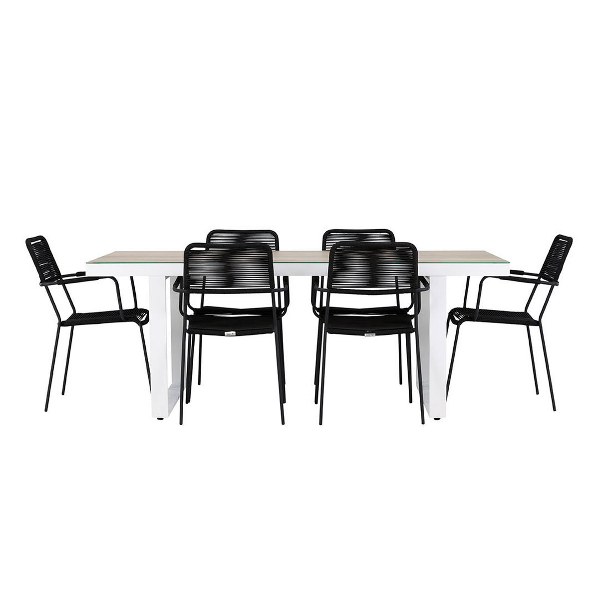 GARTENSET, Merlo, Tisch Weiß, Stühle Schwarz, Metall / Polyester, 90 x 200 x 75 cm, 7-teilig - Weiß, Metall - ebuy24