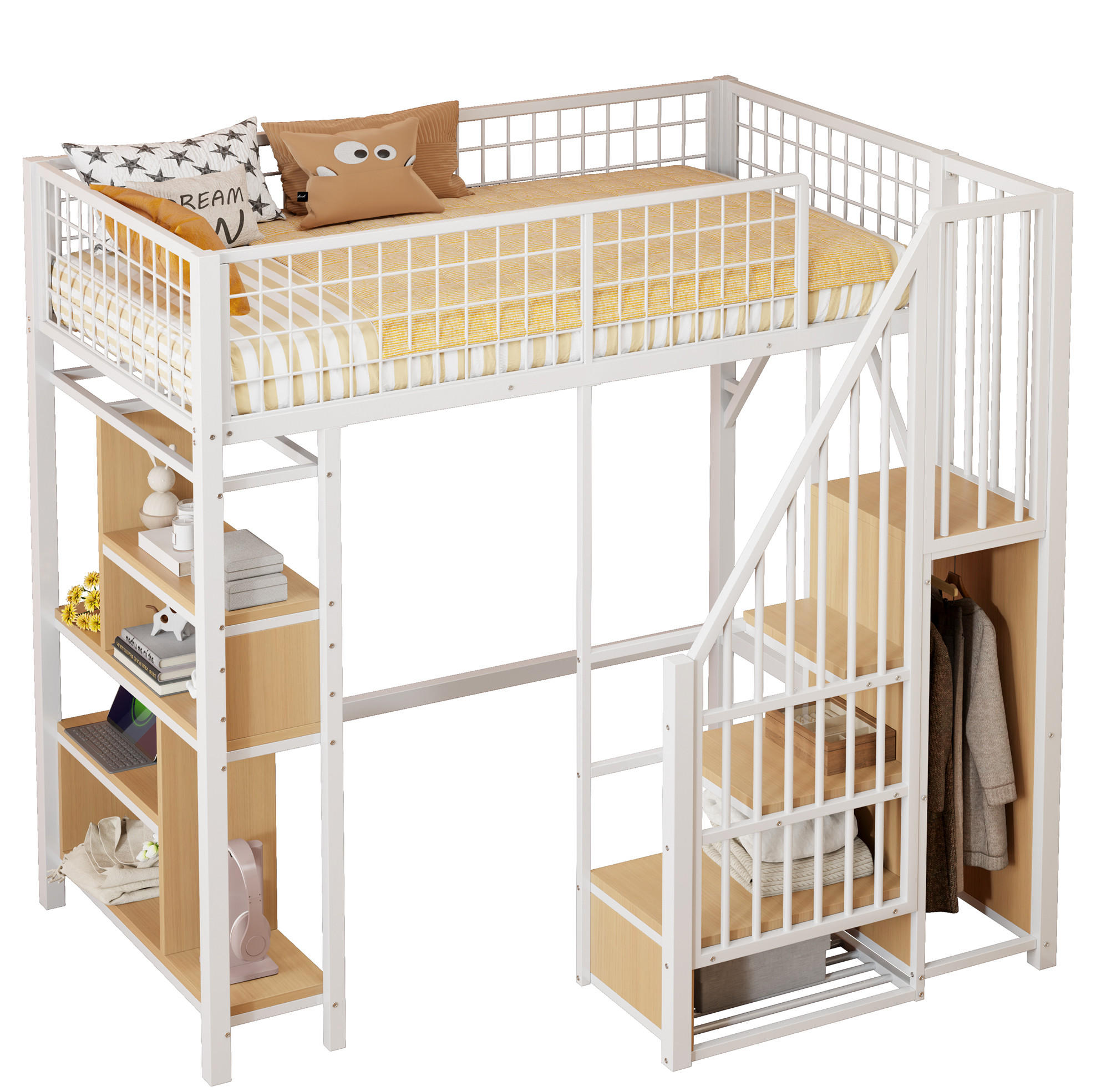 HOCHBETT 90/200 cm in Weiß mit Stauraumtreppe und vielseitigem Unterbettbereich - Weiß, Metall (90/200cm) - Flora Grace