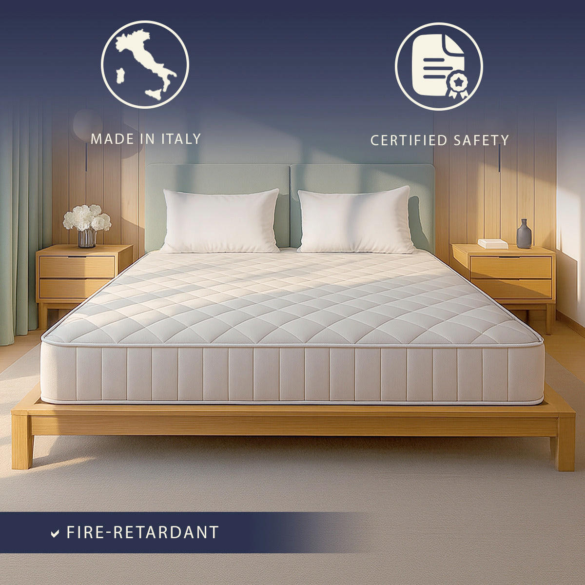 MATRATZE Feuerhemmend 180x200 aus Memory Foam Höhe 20 cm | Orthopädisch | Allergikergeeigneter und Antibakterieller Bezug - Weiß, Textil (180/200cm) - The White Stone