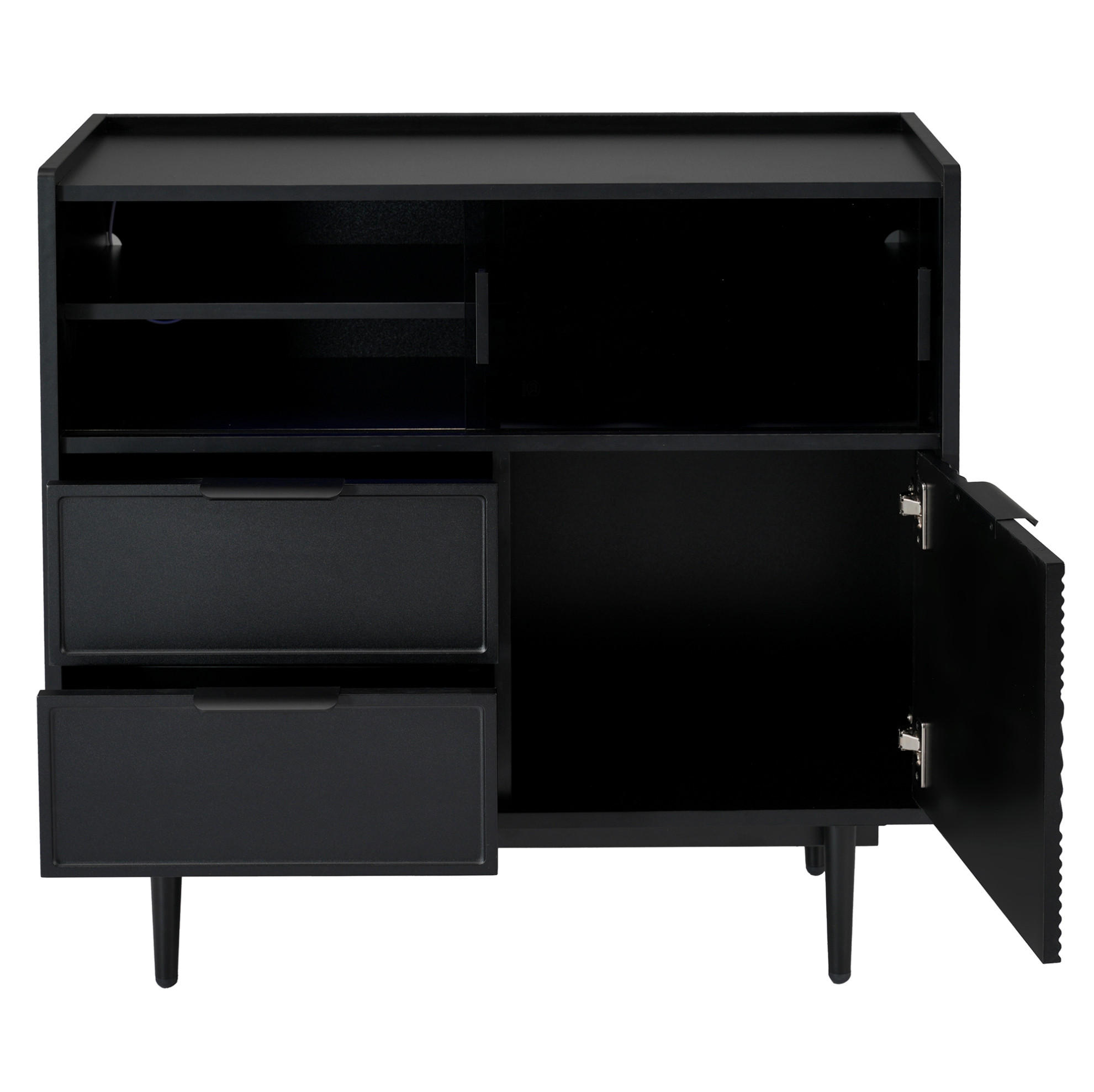 SIDEBOARD 80 cm breit mit Glasschiebetüren, LED-Lichtleiste & offenen Fächern - Schwarz, Holzwerkstoff (80/80/35cm) - BEAOK
