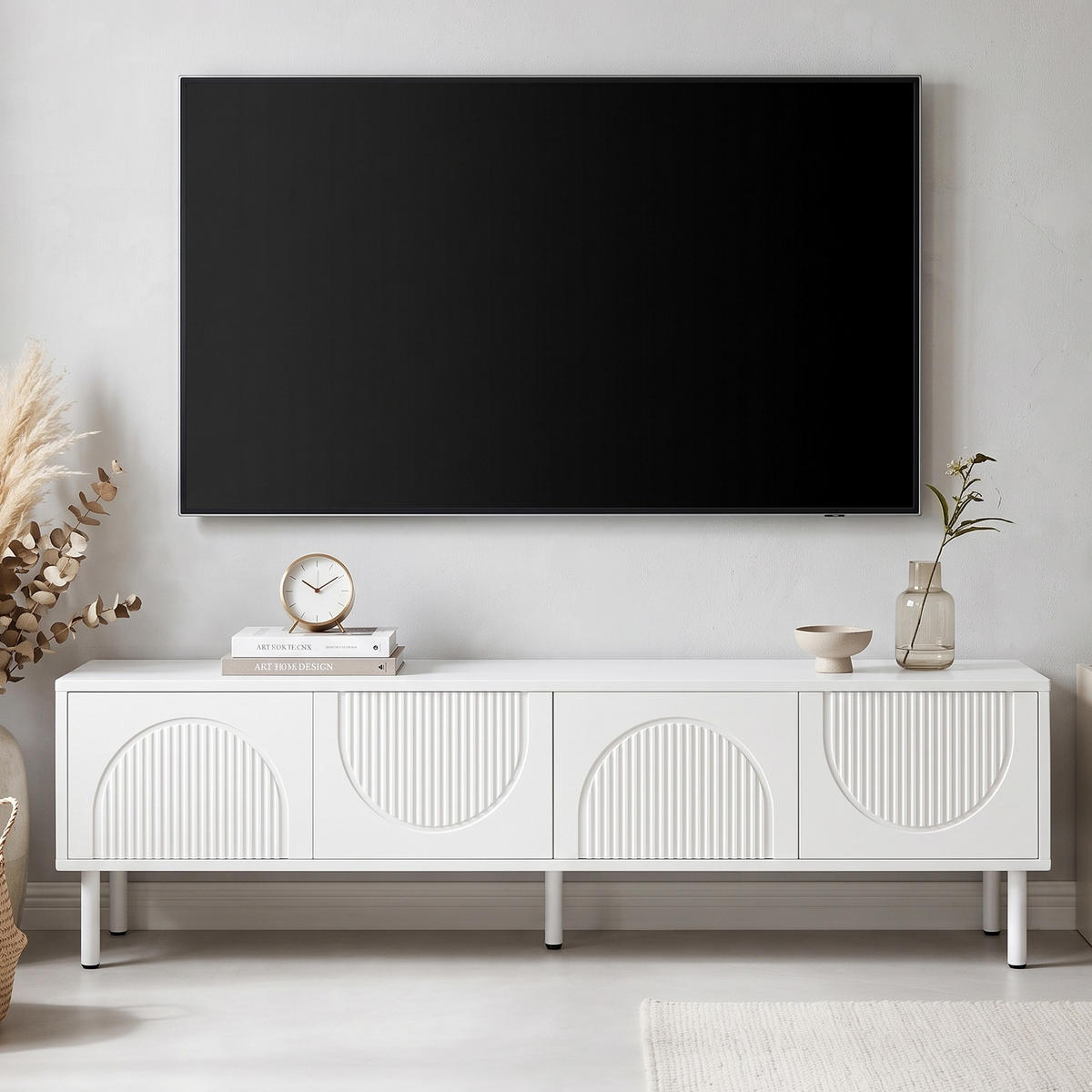 TV-LOWBOARD in Mattweiß mit 3D-Relief, mit 4 Fächern und Kabelmanagement - Vit, Träbaserade material (180/52/40cm) - Urban Meuble