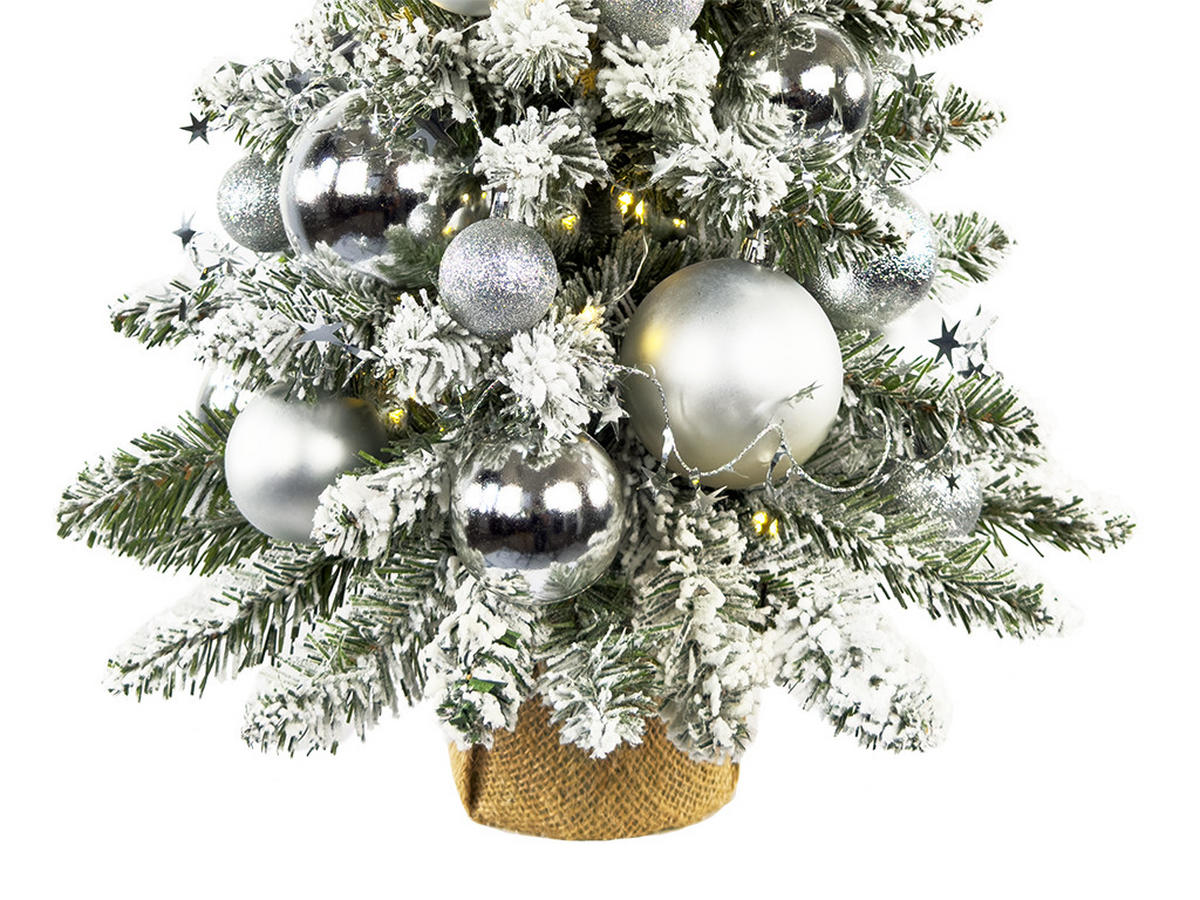 WEIHNACHTSBAUM künstlicher 60 cm – SILBERNE WEIHNACHTEN II, mit 34-teiligem Weihnachtsbaumschmuck, mit LED-Beleuchtung, inkl. Pflanztopf mit Jutesack - Silberfarben/Weiß, Kunststoff/Stein (40/60cm) - LAALU