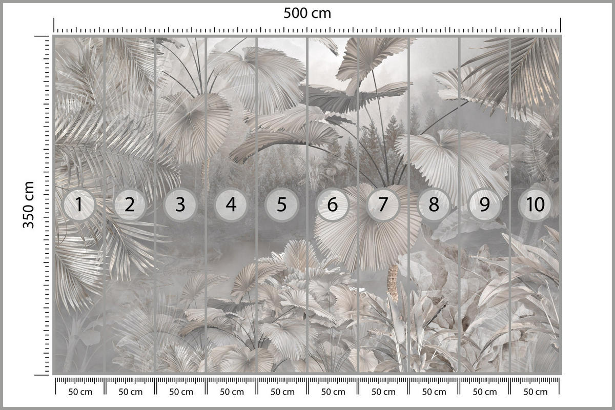 FOTOTAPETE für Wohnzimmer Tropische Blätter Dschungel Palmen Grau 500x350 - Beige/Grau, Papier (500/350cm) - Muralo