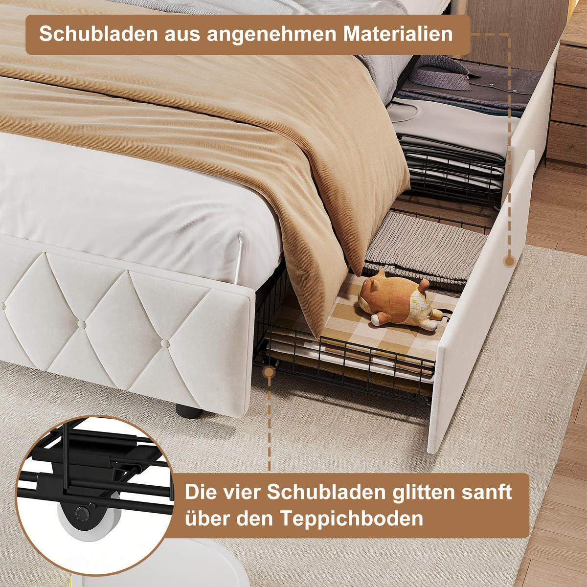 POLSTERBETT 140x200 cm, 4 Schubladen mit Rollen, RGB LED, USB-/Typ-C-Anschlüsse, Samtstoff, Beige - Beige, Holz (140/200cm) - BRILVERDE